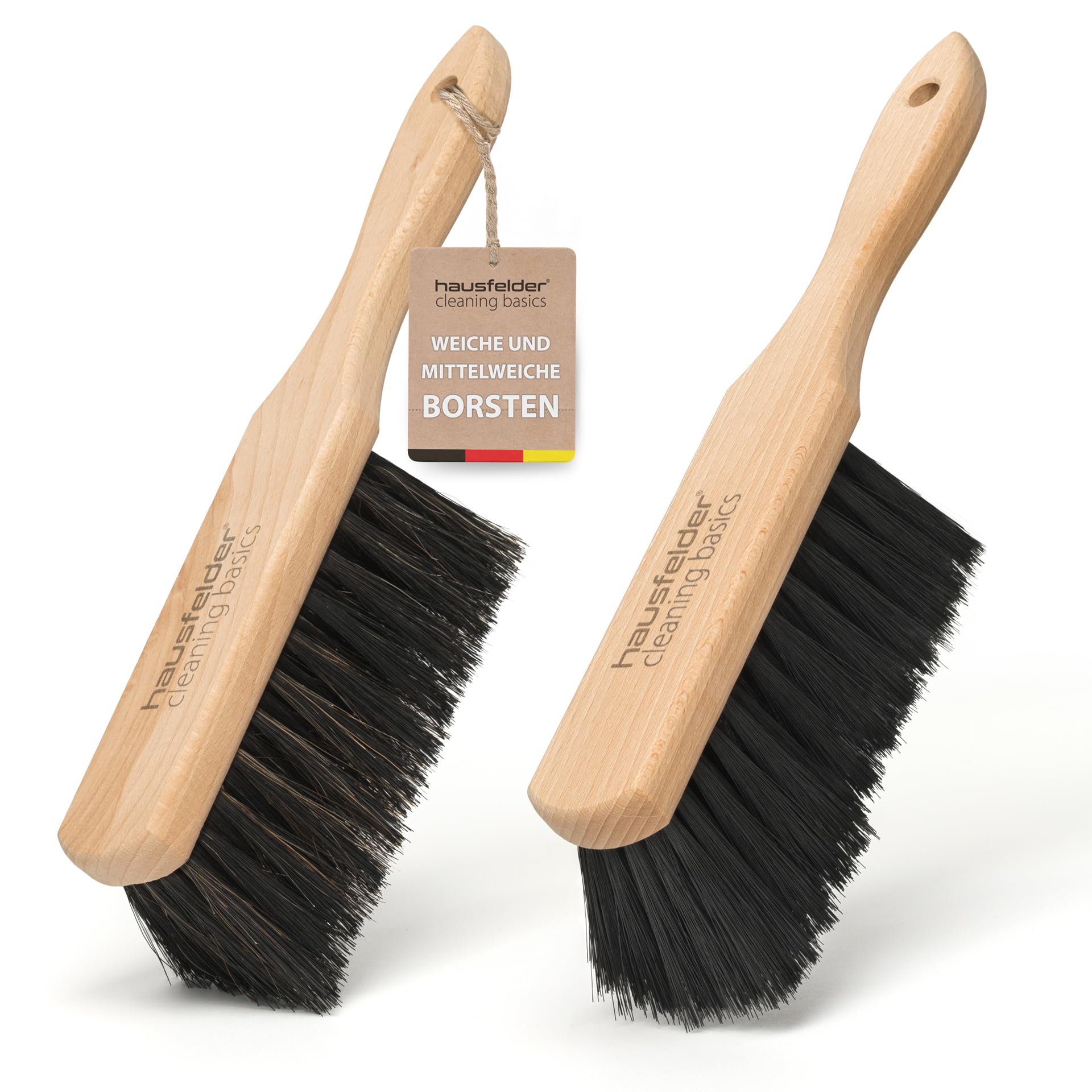 Hausfelder Handfeger Holz klein mit weichen Borsten – 2er Set Handbesen für Auto, Garten, Camping – Handkehrbesen aus Naturholz 28cm