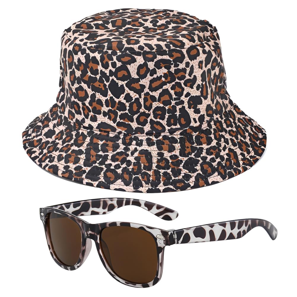 JynxtoyZeal Bucket Hat Leopard Print Fisherman Sun Hat UV Protection Sunglasses Unisex Reversible Packable Leopard Print Bucket Hat for Fishing Mountaineering Camping
