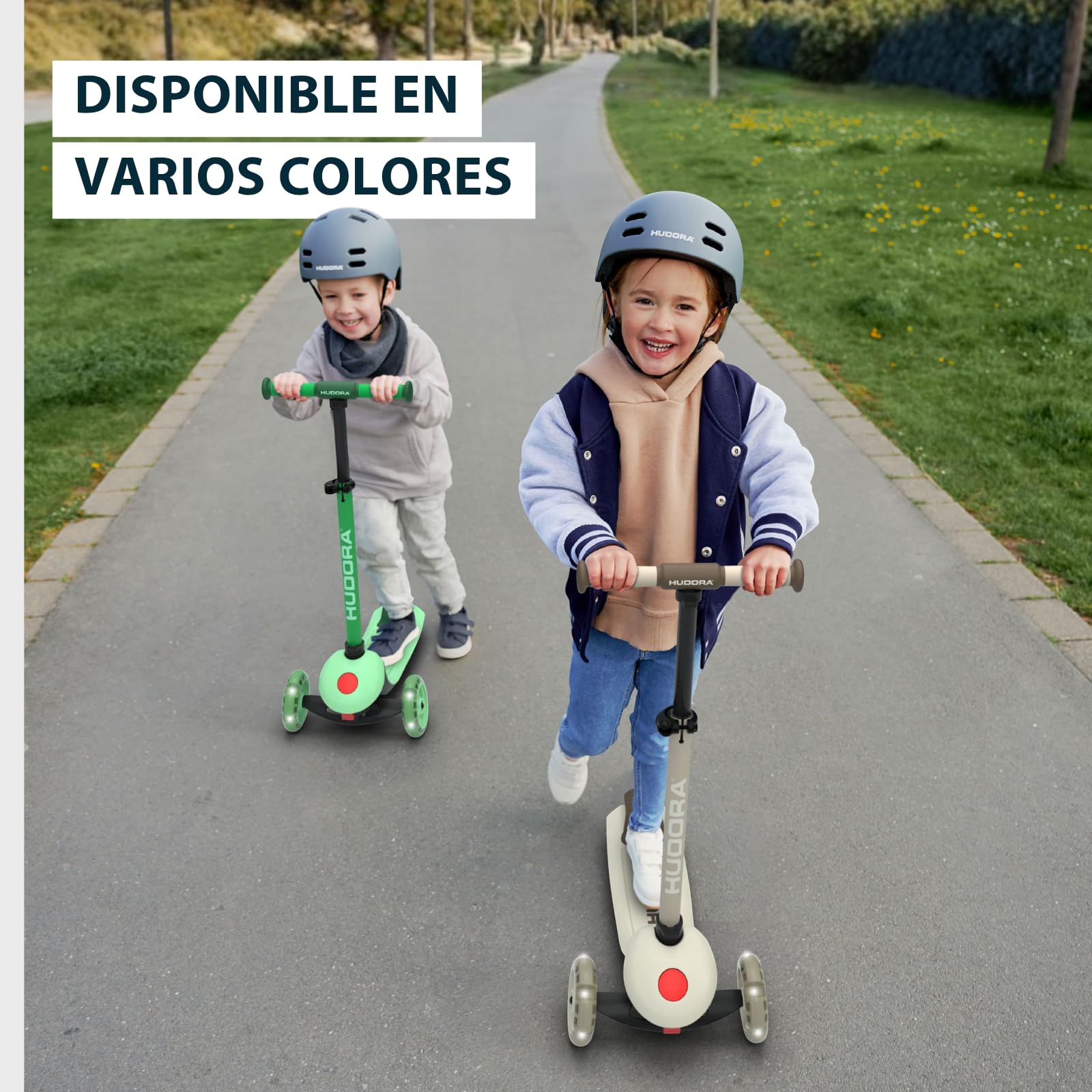 HUDORA Patinete Tri con Ruedas LED – Patinete de 3 Ruedas con Manillar Regulable en Altura – Rueda Trasera Ancha ABEC 7, Plataforma Antideslizante y Freno Trasero – Patinete de Exterior para niños
