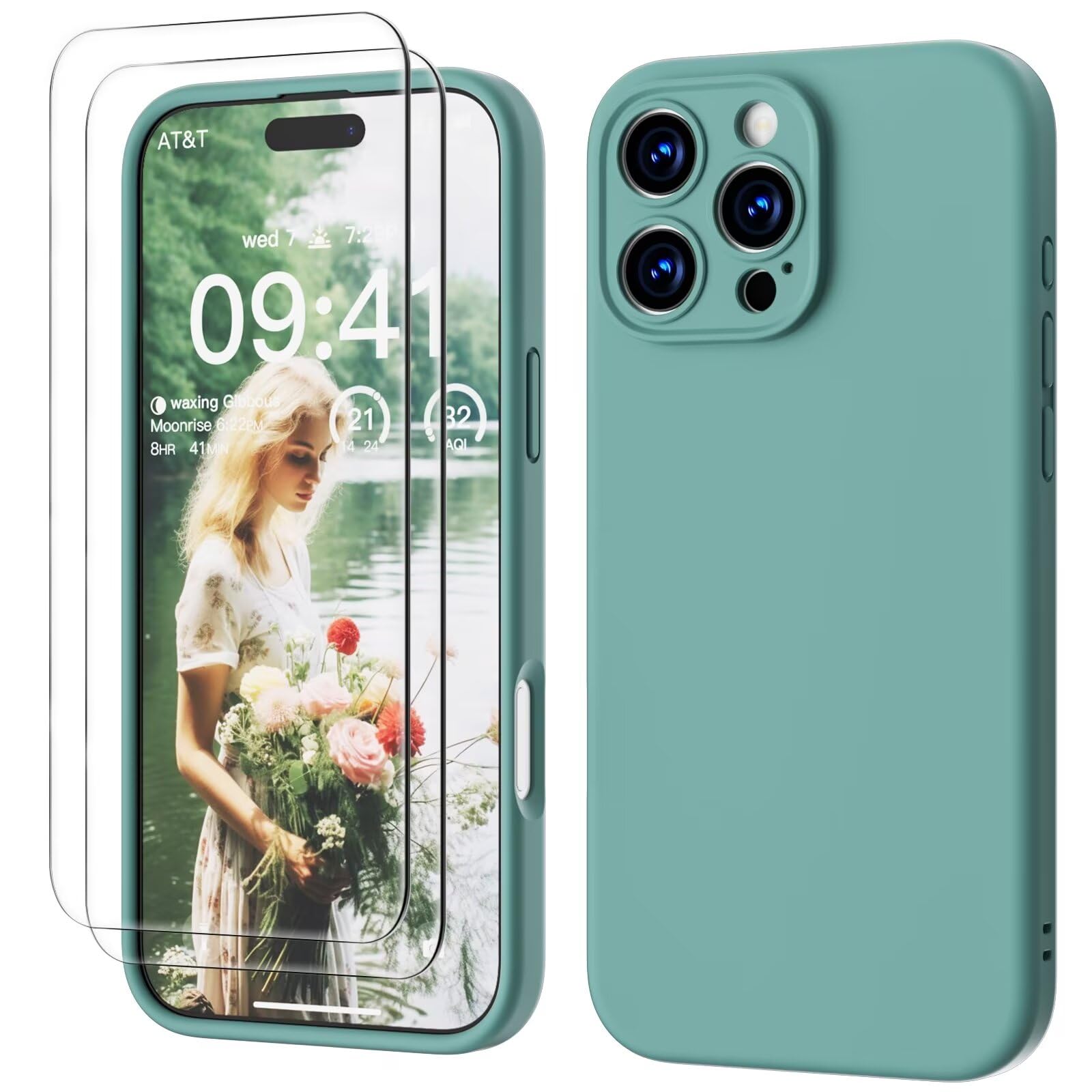 GOODVISH 3 in 1 Silicone Cover per iPhone 16 Pro 6.3", Custodia con 2 Pellicola Vetro Temperato [Protezione Fotocamera] 360° Protezione Anticaduta Case per Cellulare Antiurto Resistente, Verde