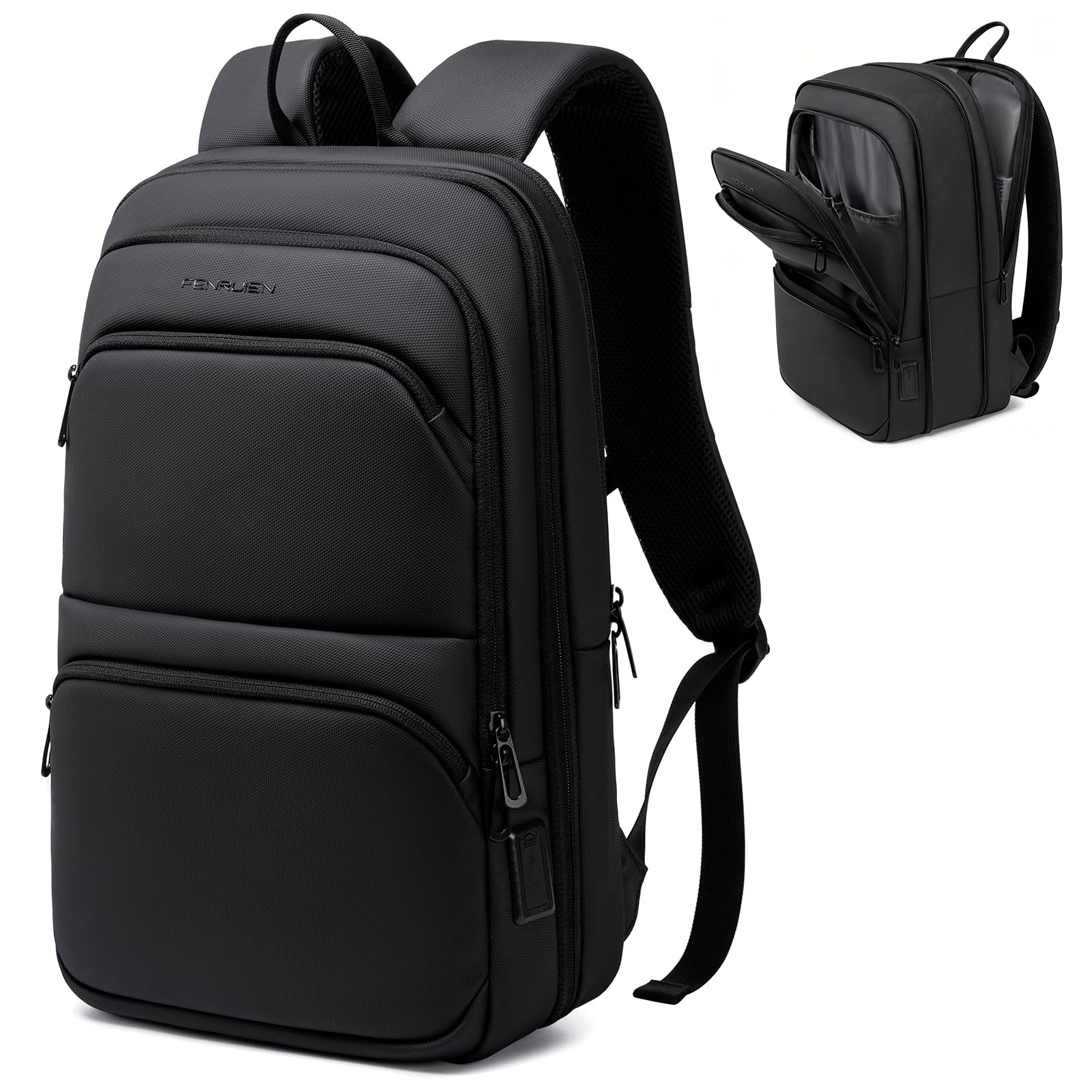 FENRUIEN Leichter Business Rucksack Herren 15.6 Zoll Wasserdicht Notebook Laptop Backpack Erweiterbar 15-23L mit USB-Ladeanschluss für Arbeit Schule, Schwarz