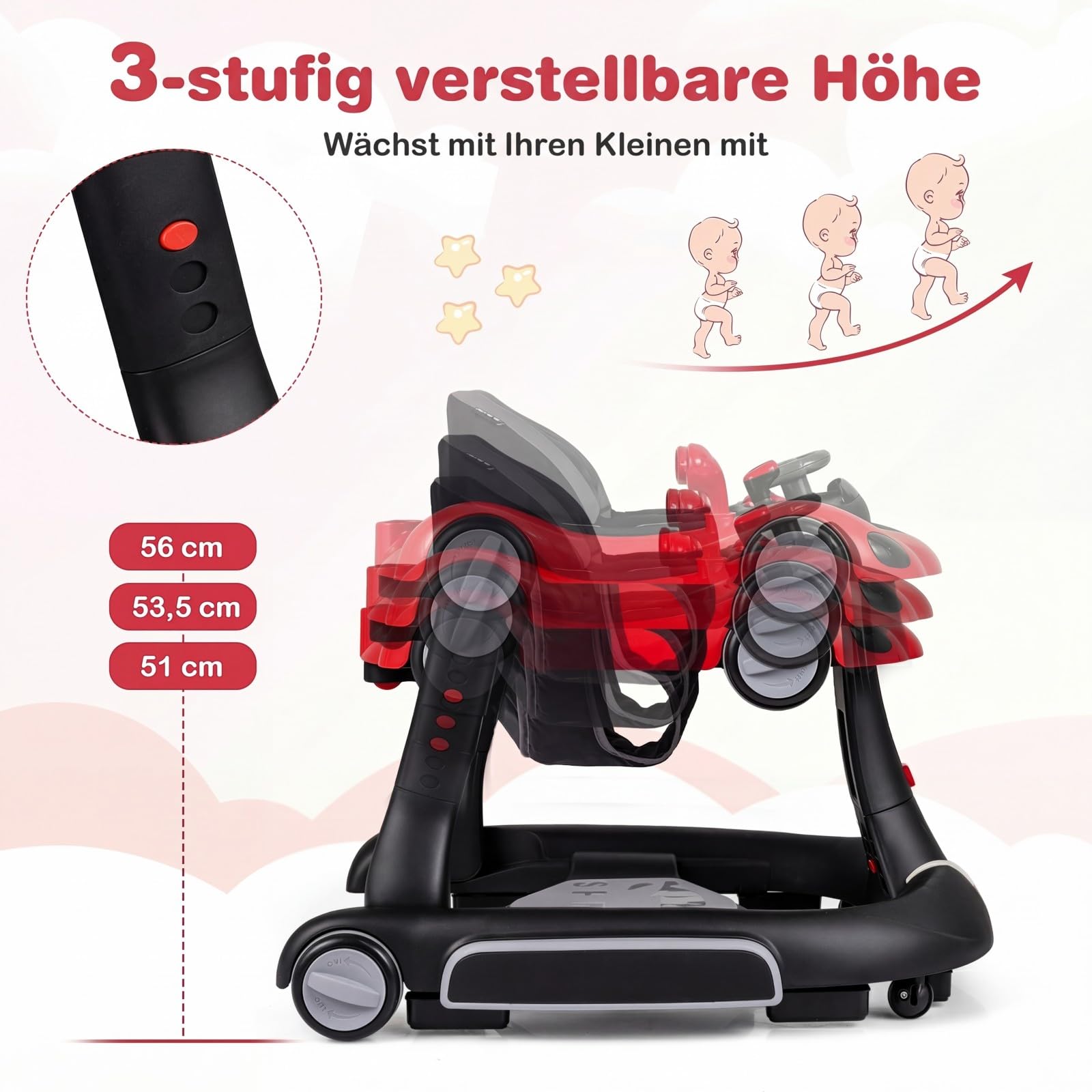 GIANTEX 7 en 1 Trotteur Bébé, Trotteur Marche Bebe Évolutif Pliable, 3 Hauteur Réglable, Capote&Tapis de Saut Amovibles, Roues Contrôle Vitesse et Sonores&Lumière, 7-18 Mois, Charge 12KG (Noir+Rouge)