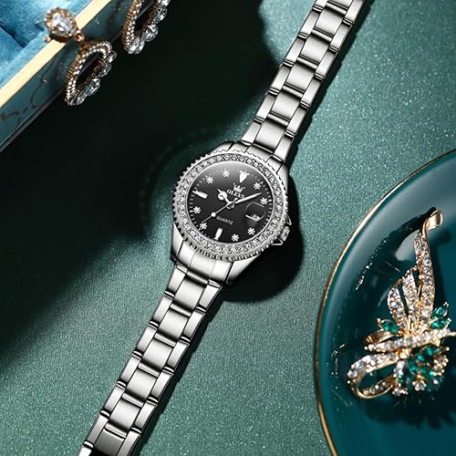 Miniatura 7 de OLEVS Relojes para mujer diamante con fecha de lujo de cuero femenino impermeable reloj de pulsera analógico de acero inoxidable reloj de mujer