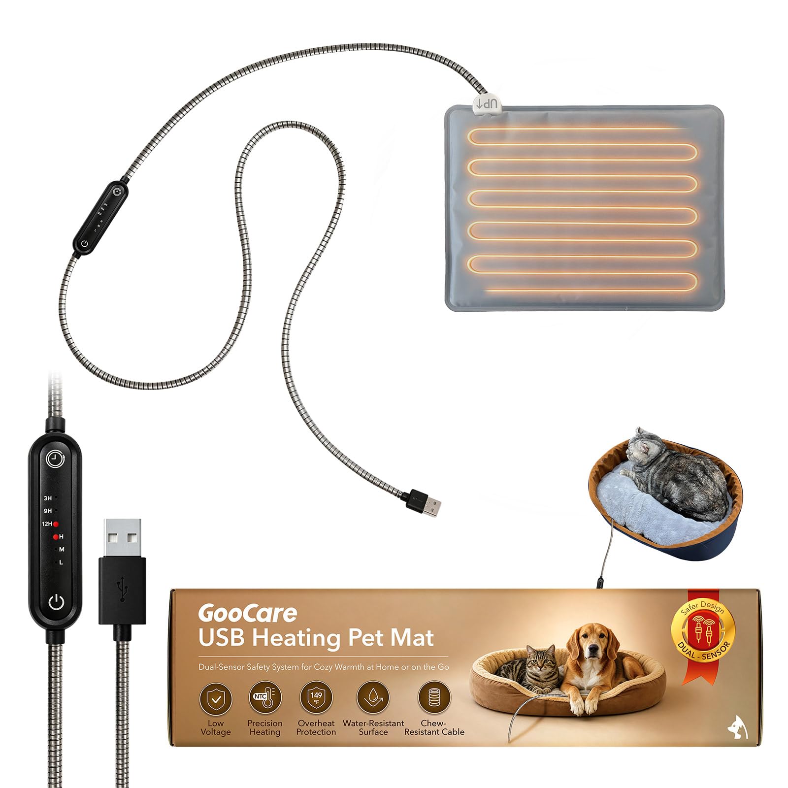 GooCare 5V USB Pet Heating Pad, Dual-Sensor Safety for Cat & Dog, S