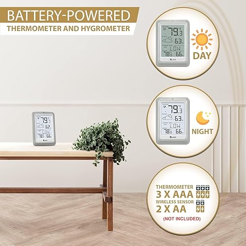Miniatura 6 de Termómetro higrómetro para interiores y exteriores, estación meteorológica inalámbrica, monitor de temperatura y humedad alimentada por batería