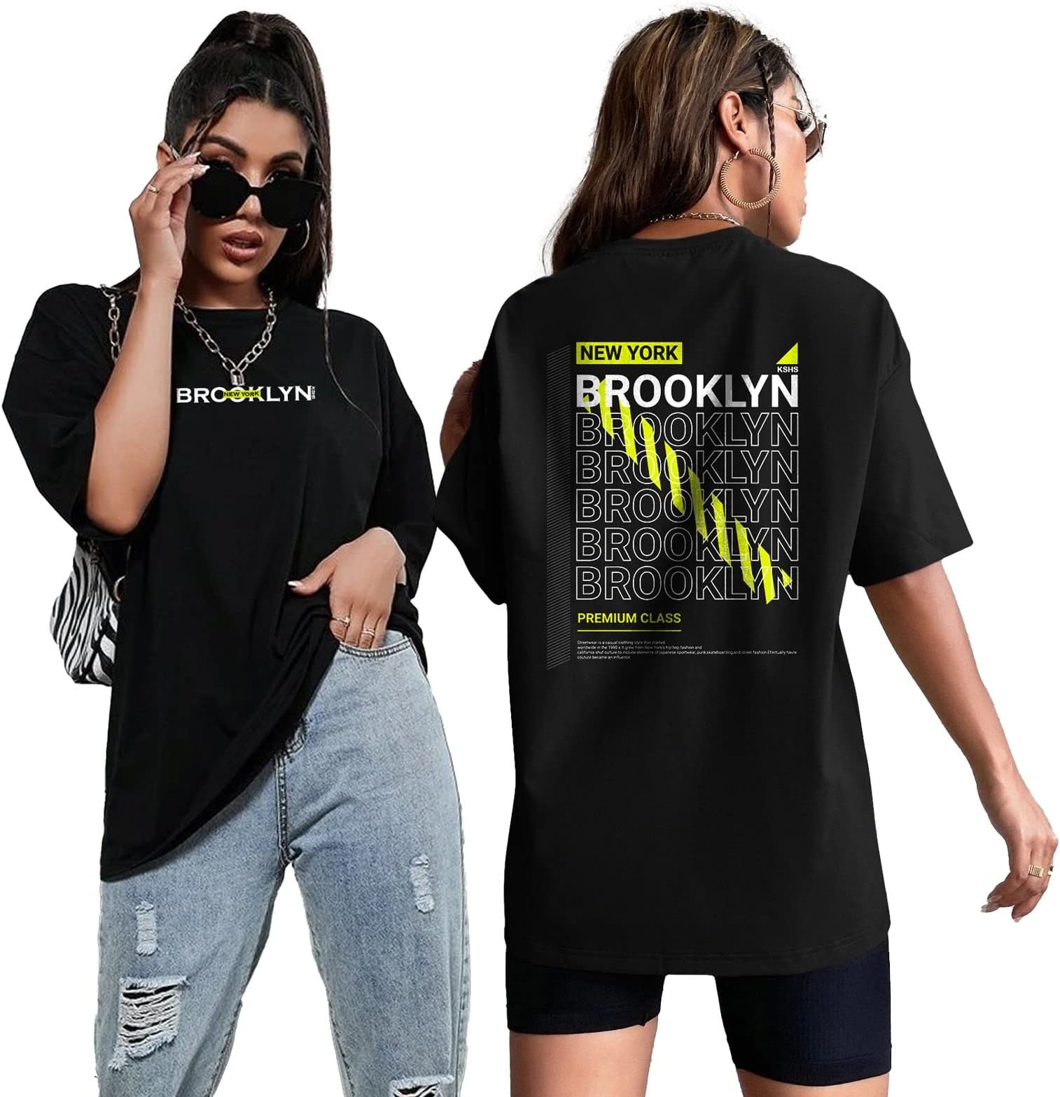 KSHSWomen Black Printed Round Neck Drop Shoulder T-shirt