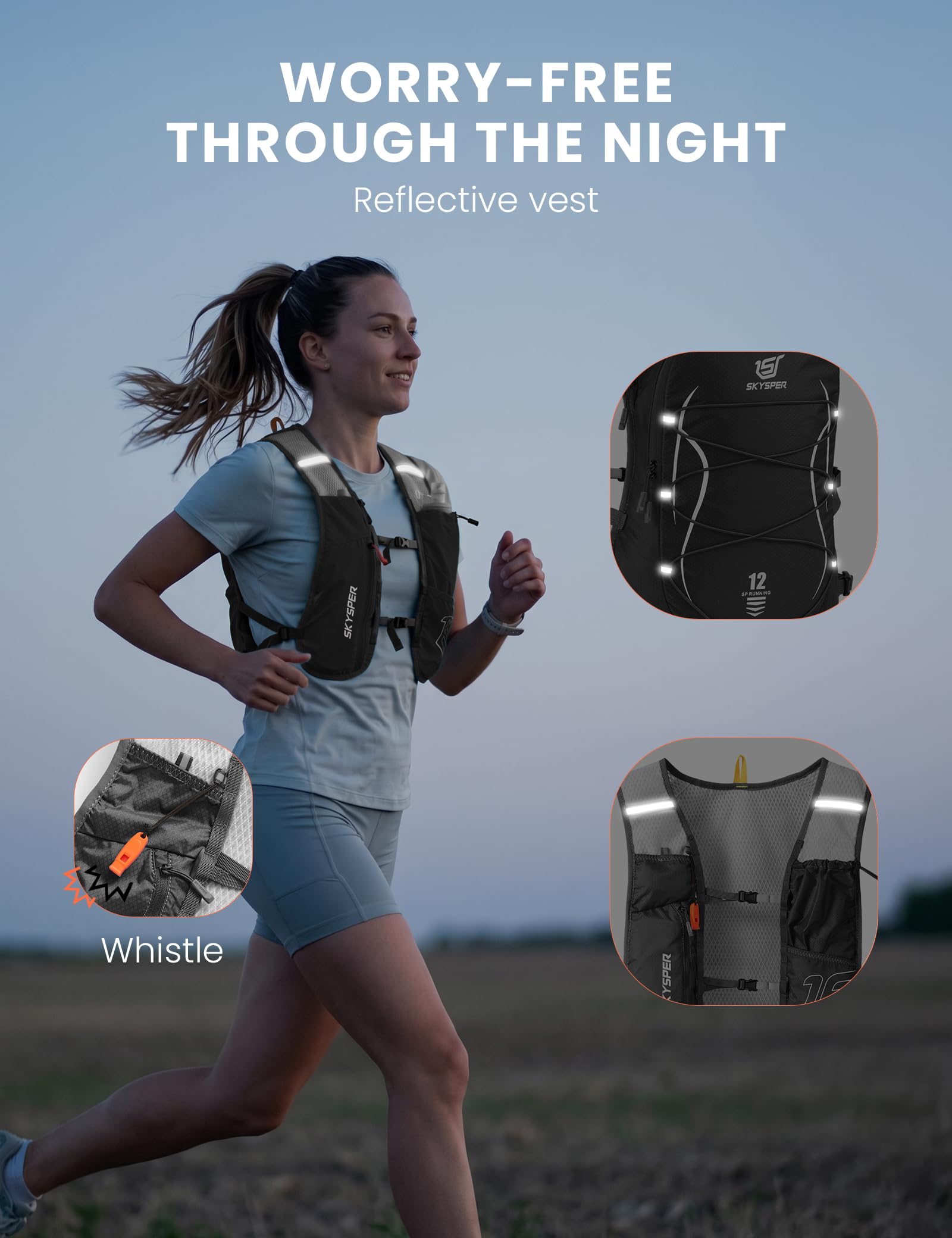 SKYSPER Gilet Trail Running 12L avec Gourde 500ml Sac Hydratation Veste Course Réfléchissante Respirante Poche Téléphone Homme Femme Marathon Jogging