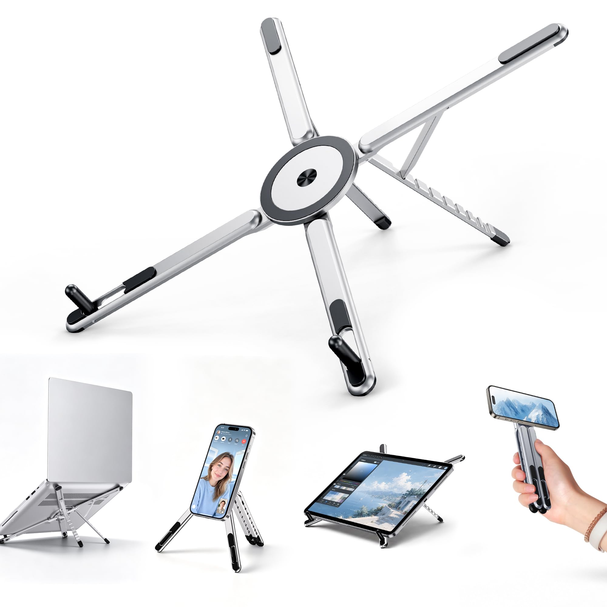 Soporte magnético plegable versátil 3 en 1 para teléfono, tableta y laptop, soporte ergonómico de aleación de aluminio de 8 niveles de altura ajustable para escritorio, soporte portátil para