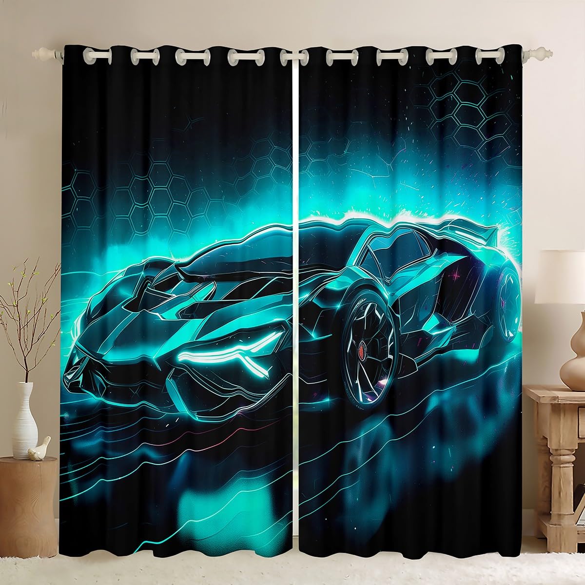 Homemissing Kids Sports Car Window Drapes Race Car Curtains for Kids Teens Boys Girls Extreme Sports Theme Window Curtains for Living Room Speed Luxury Car 30%-50% Blackout Curtains