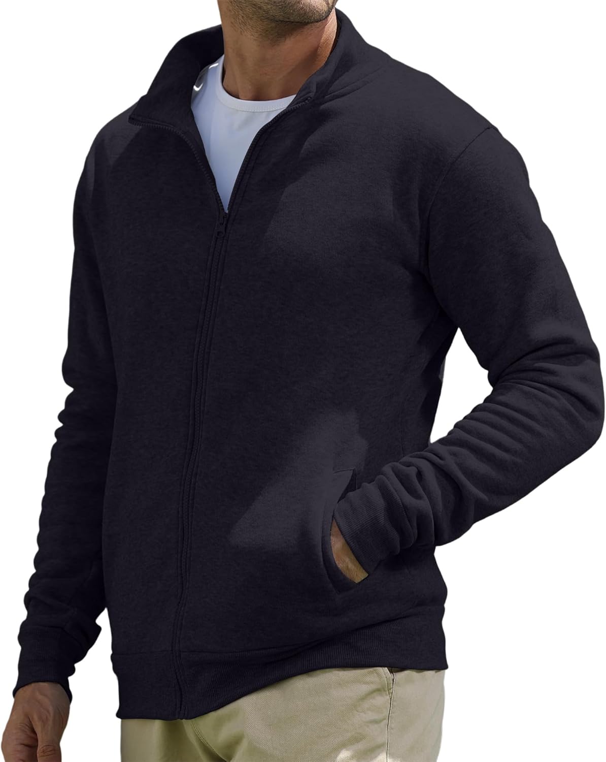Men's Full-Zip Sweatshirt No Hood Hoodies Stand Collar Cardigan Pockets Jacket Casual & Active - Image 5