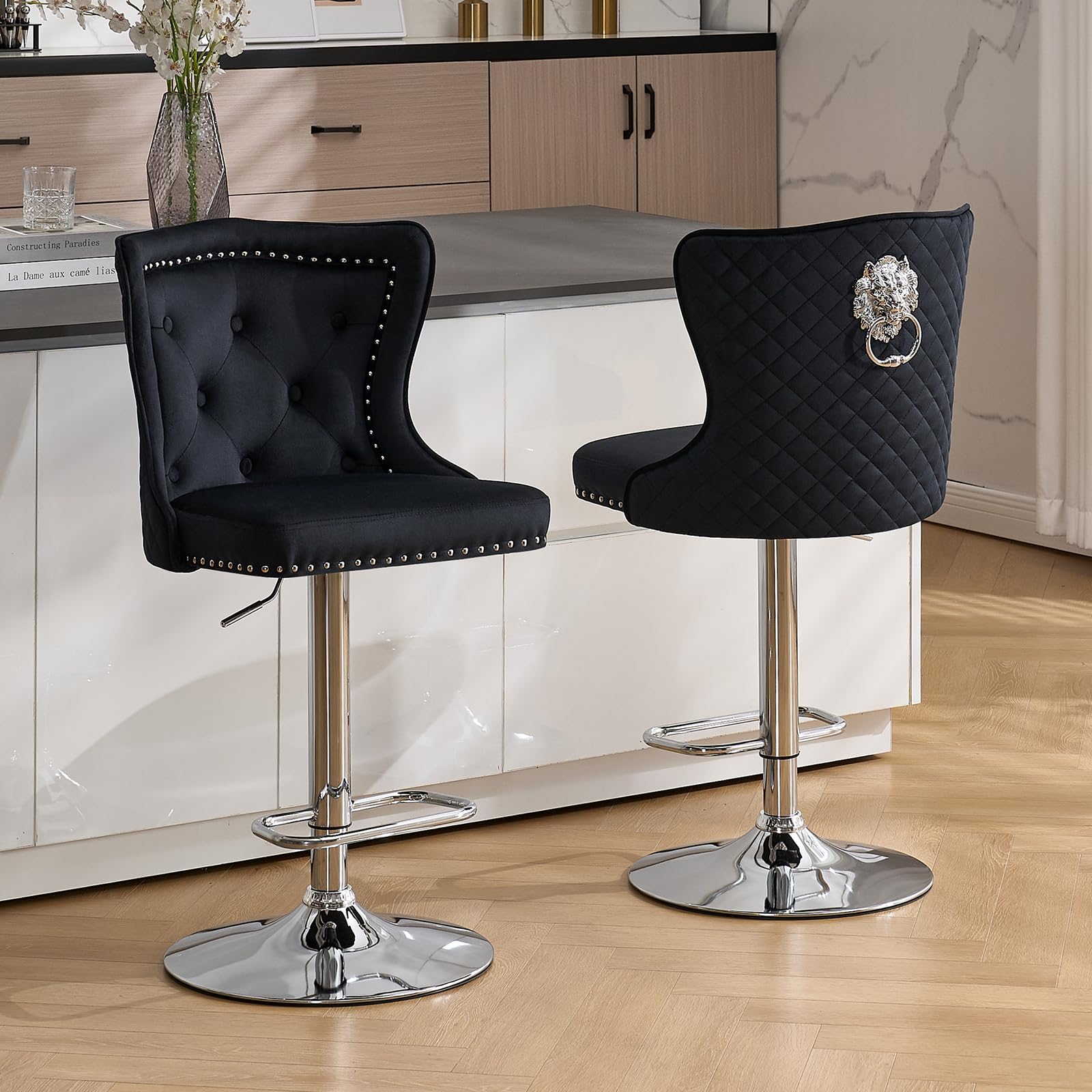 Orirsnug Bar Stools Set of 2, Adjustable Height Breakfast Bar Stools, Velvet Swivel Kitchen Bar Stools, With Lion Pull Ring Tufted Back, Suitable for Bar,Kitchen,Black