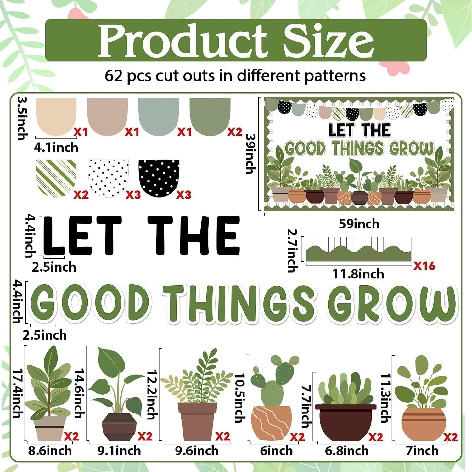 ZOiiWA Summer Potted Plant Bulletin Board Set Summer Greenery Classroom Bulletin Board Decoration Motivational Plant Cutouts Let The Good Things Grow Paper Cutouts Kit for School Home Office Decor