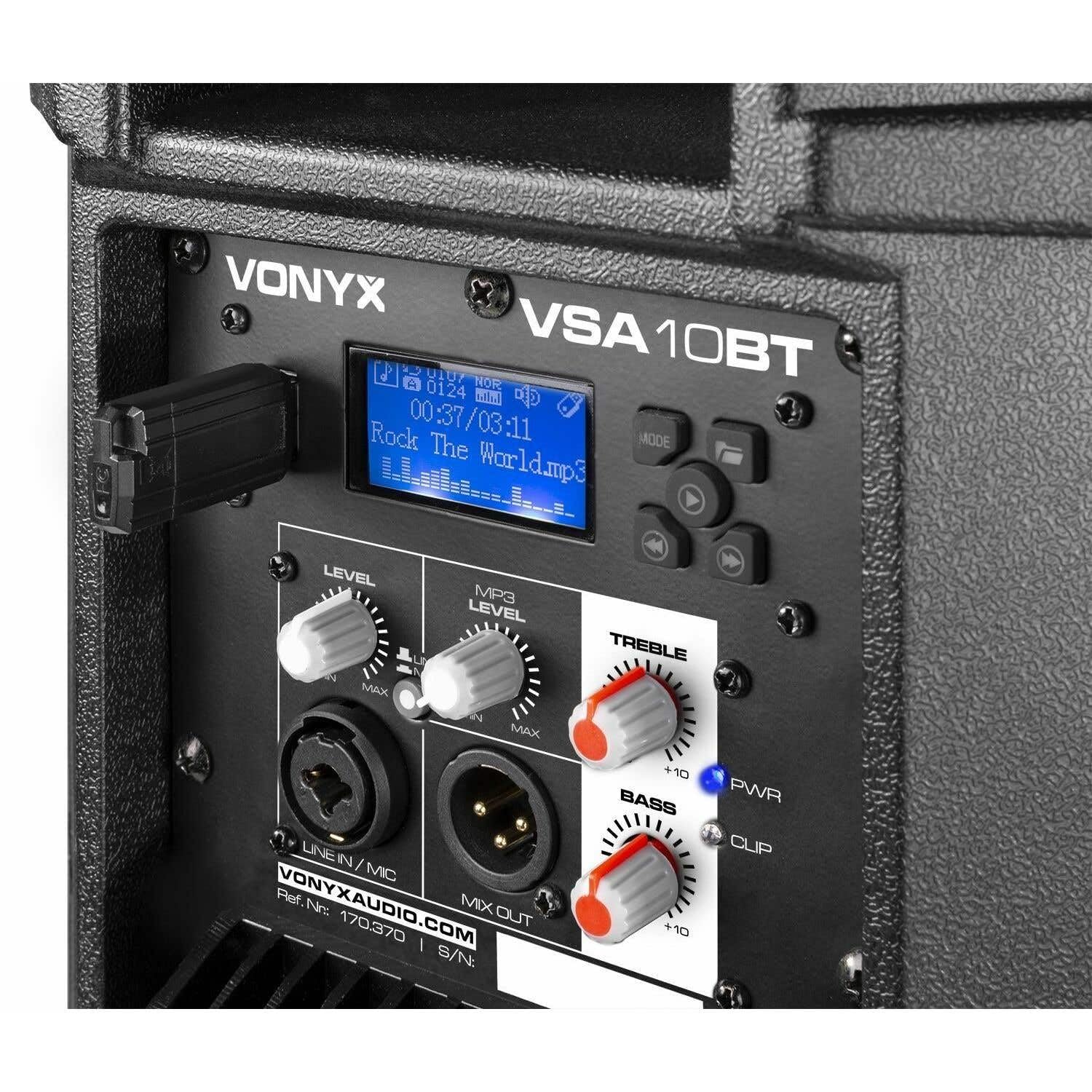 VONYX VSA10BT Enceinte Active 500W Amplifiée avec Bluetooth et MP3, Lecteur Multimédia, Port USB, Affichage LCD, Amplificateur Intégré, Bluetooth, Télécommande Incluse