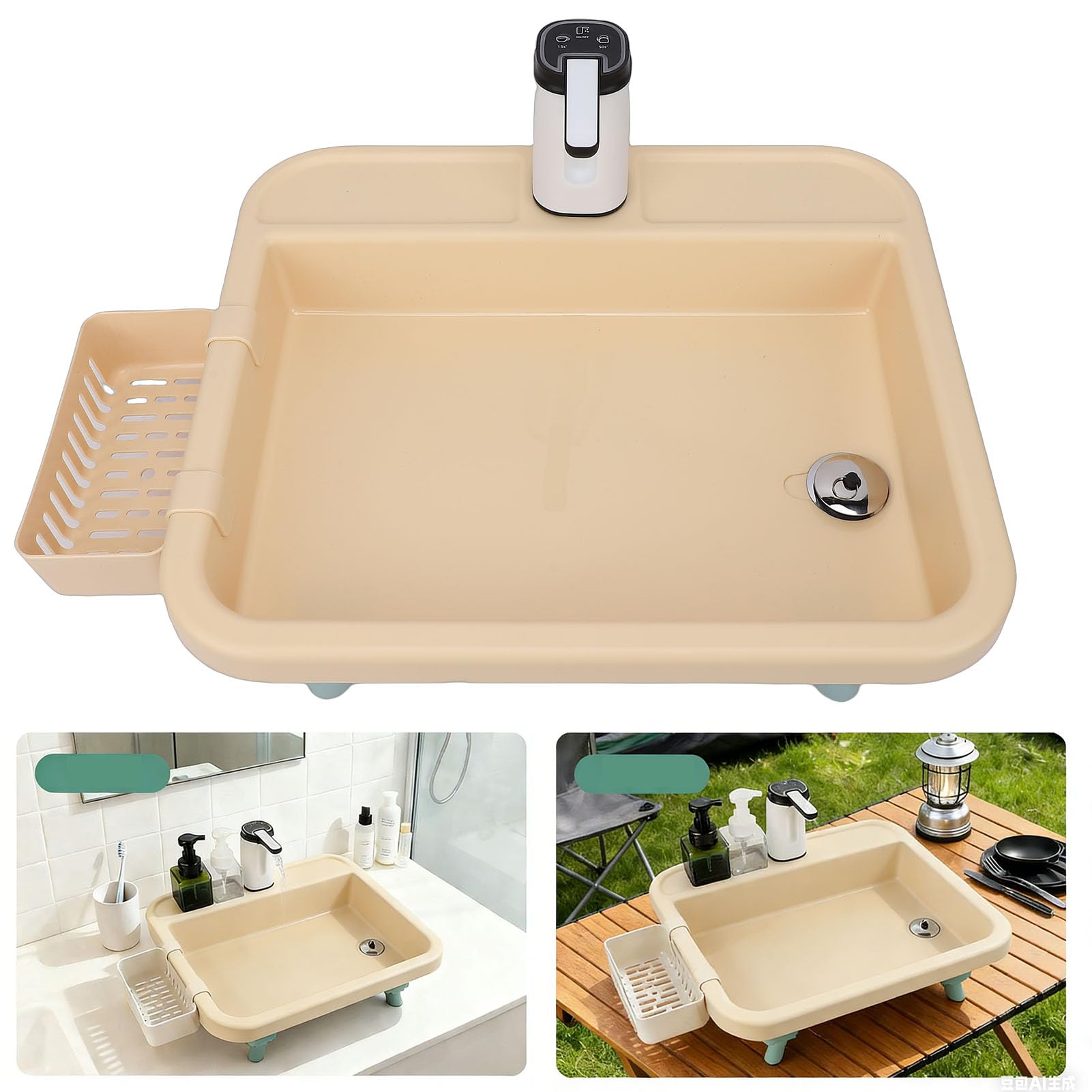 Gugxiom Lavello da Campeggio Portatile Stazione per Lavare le Stoviglie di Facile Installazione con Pompa Elettrica - Ampia Area di Lavaggio per Escursioni Ed Eventi All'aperto - Cachi