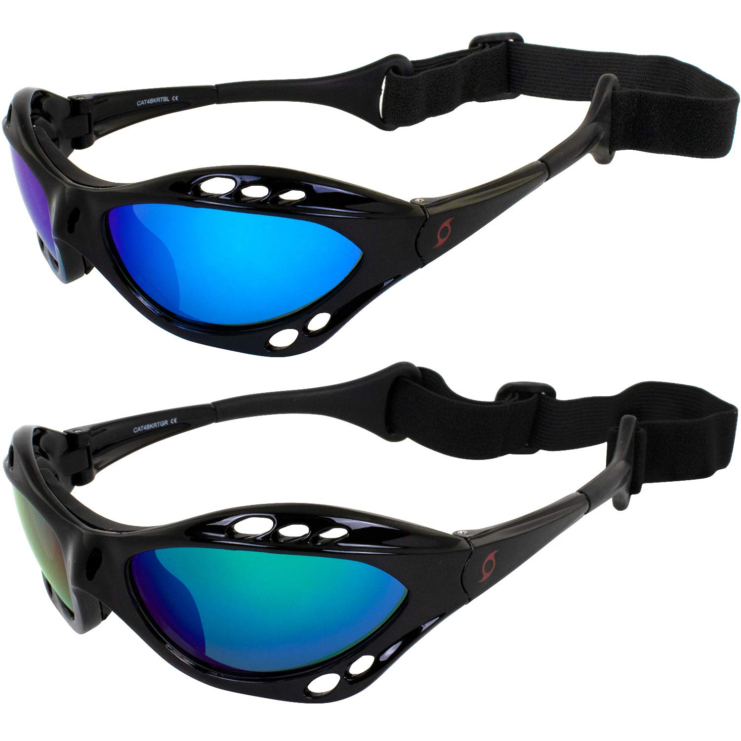 Hurricane Eyewear Category-4 Polarized Jet Ski Goggles 2 Pairs Padded Frames Blue & Green Mirror ReflecTech Lenses