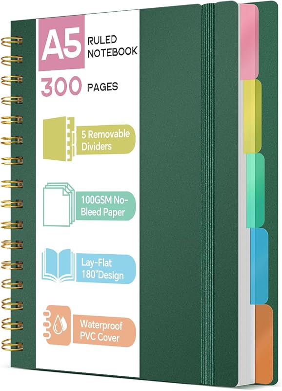 ihaspoko Carnet A5 avec Intercalaires- Papier 100GSM Anti-Déversement, 300 Pages, Couverture Rigide 