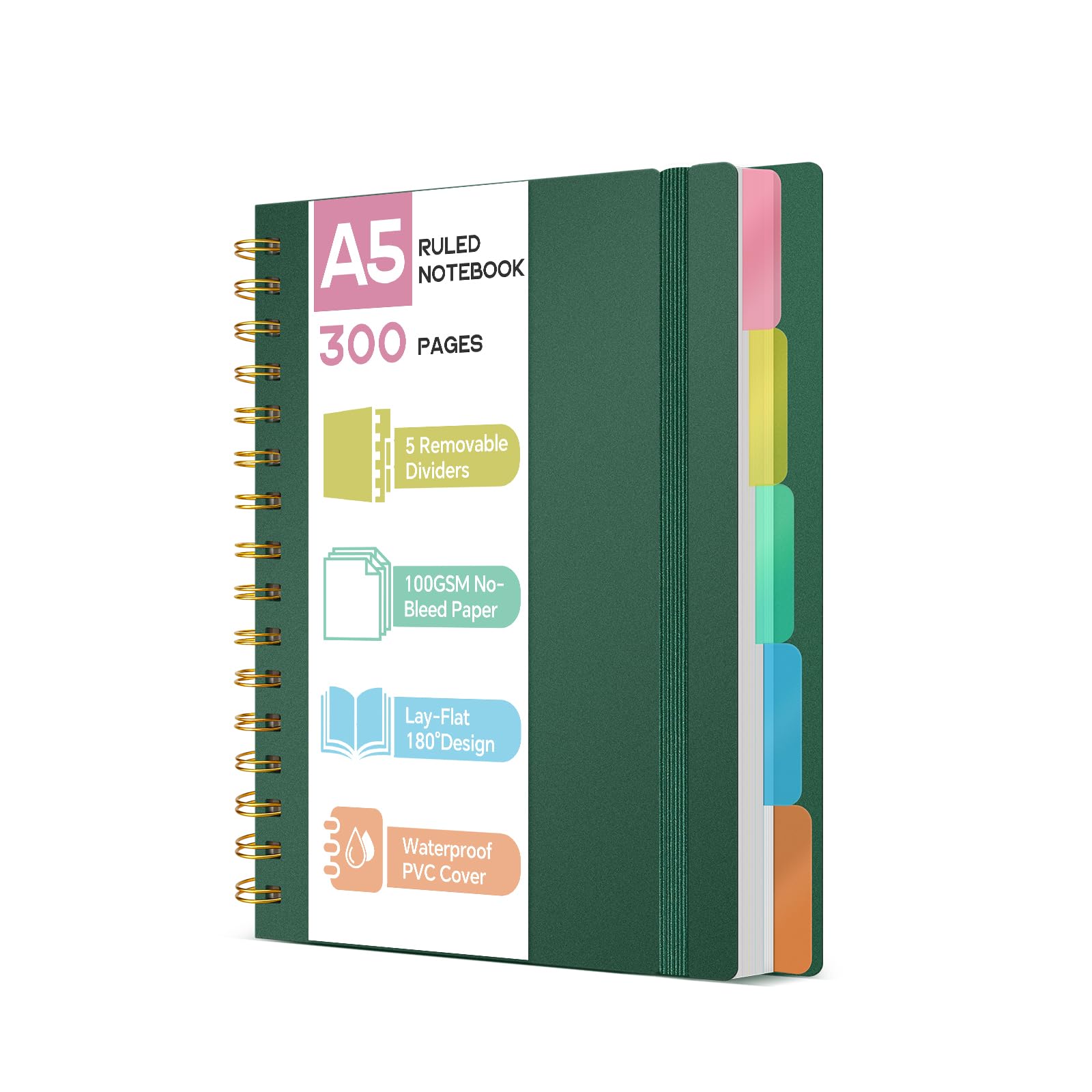 ihaspoko Cuaderno A5 con Separadores- Papel 100GSM Anti-Sangrado, 300 Páginas, Tapa Dura de PVC, Libreta de Proyectos E…