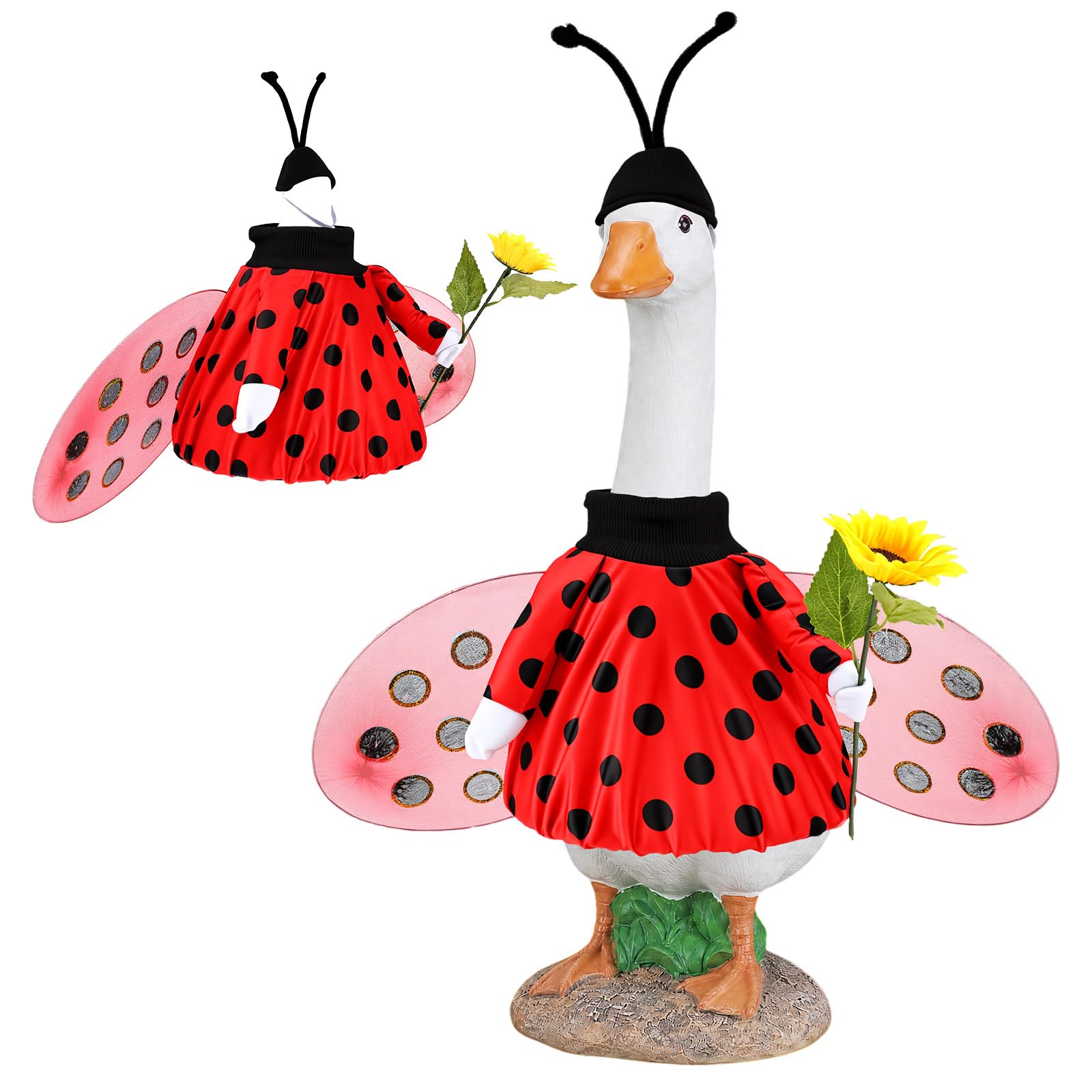 WAMEITF Porch Goose Outfi, Porch Goose Costume with Antenna Hats, Glitter Tulle Wings and Artificial Sunflower Bouquets, Garden Yard Decor for Lawn Cement Plastic Geese Statue(Red)