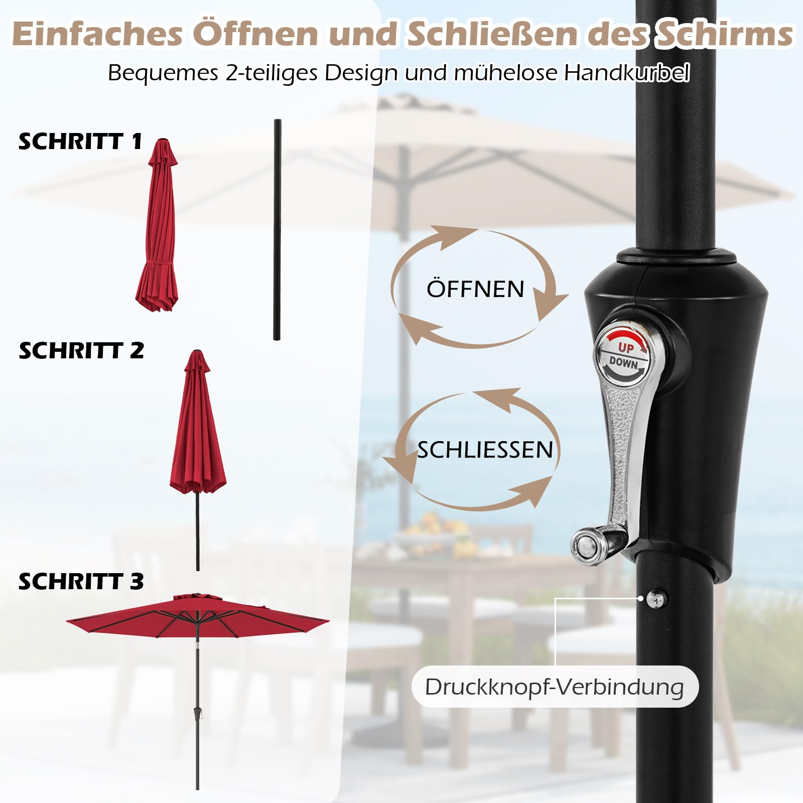 GOPLUS Sonnenschirm 300cm, Gartenschirm beidseitig um 25° knickbar, Terrassenschirm mit Kurbel, Balkonschirm mit 8 Rippen, Marktschirm für Garten, Balkon & Terrasse, Weinrot