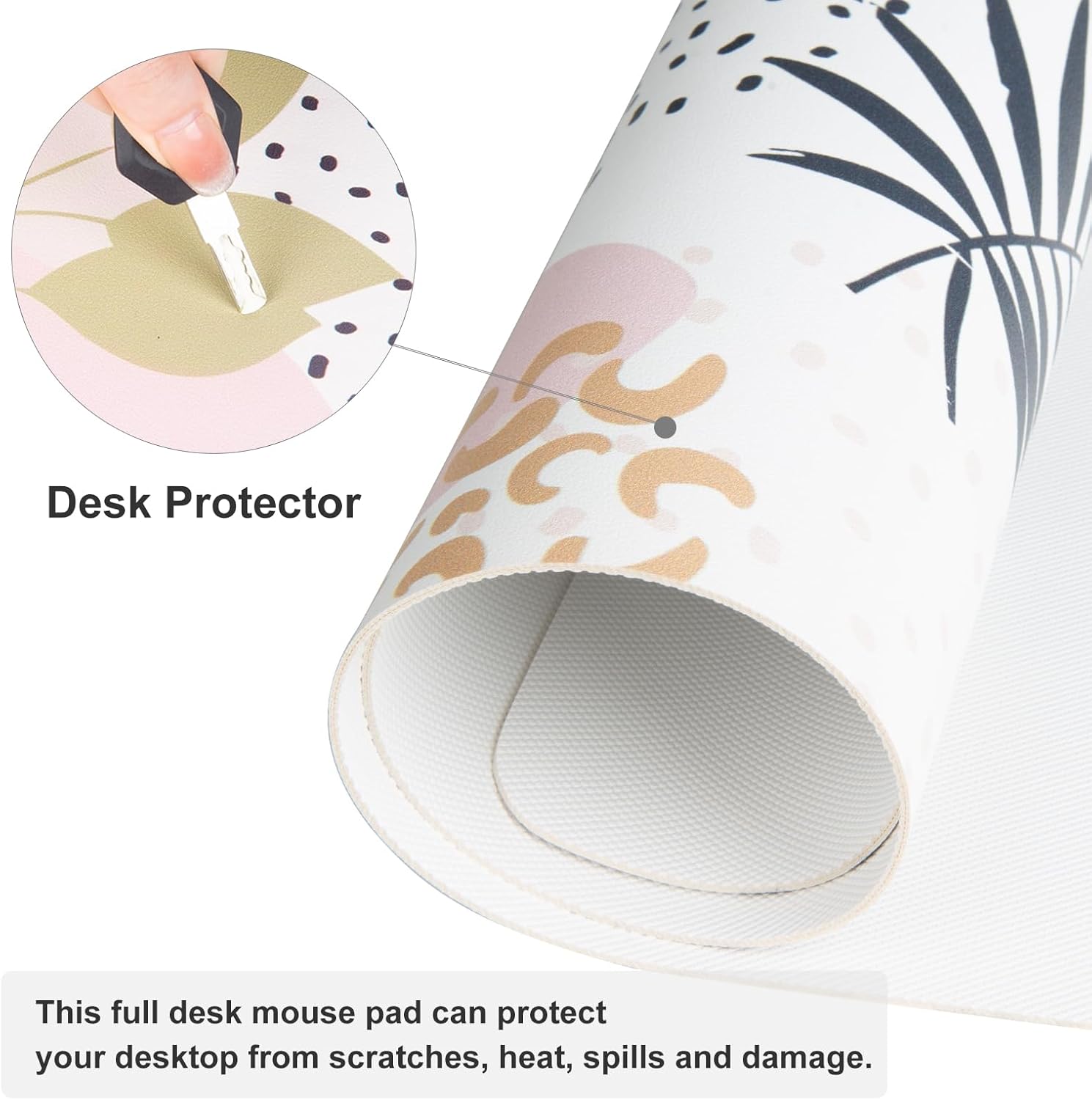 QIYI Large Mouse Pad, Exotic Pattern Desk Mat for Desktop, Women Girls Office Décor Desk Accessories, PU Leather Waterproof Gaming Mousepad, Tropical Plants Gold Desk Pad Computer Mat, 31.5" x 15.7" - Image 5