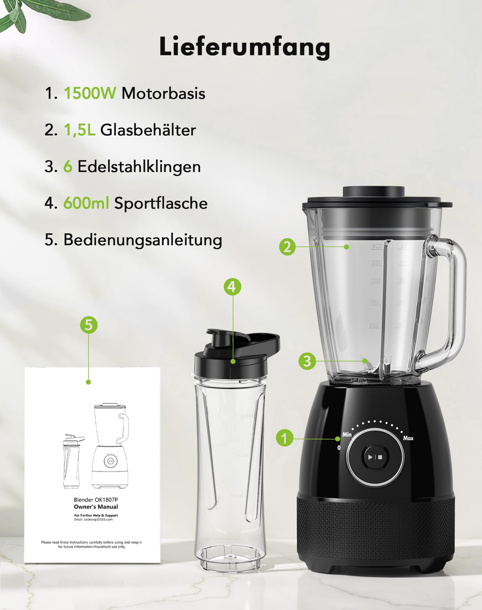 Mixer, Smoothie Maker, Standmixer, 1500 Watt Hochgeschwindigkeits Mixer Smoothie Maker mit 1,5L Glasbehälter, 600ml Flaschen BPA frei Tritan, einstellbare Geschwindigkeit für Smoothies, Mixen