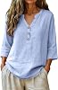 Blusas de Verano para Mujer de Gasa, Casuales de Lino y Algodón, Túnica con Botones, Mangas 3/4, Escote en V, Estilo Campesino, para Playa y Vacaciones 8