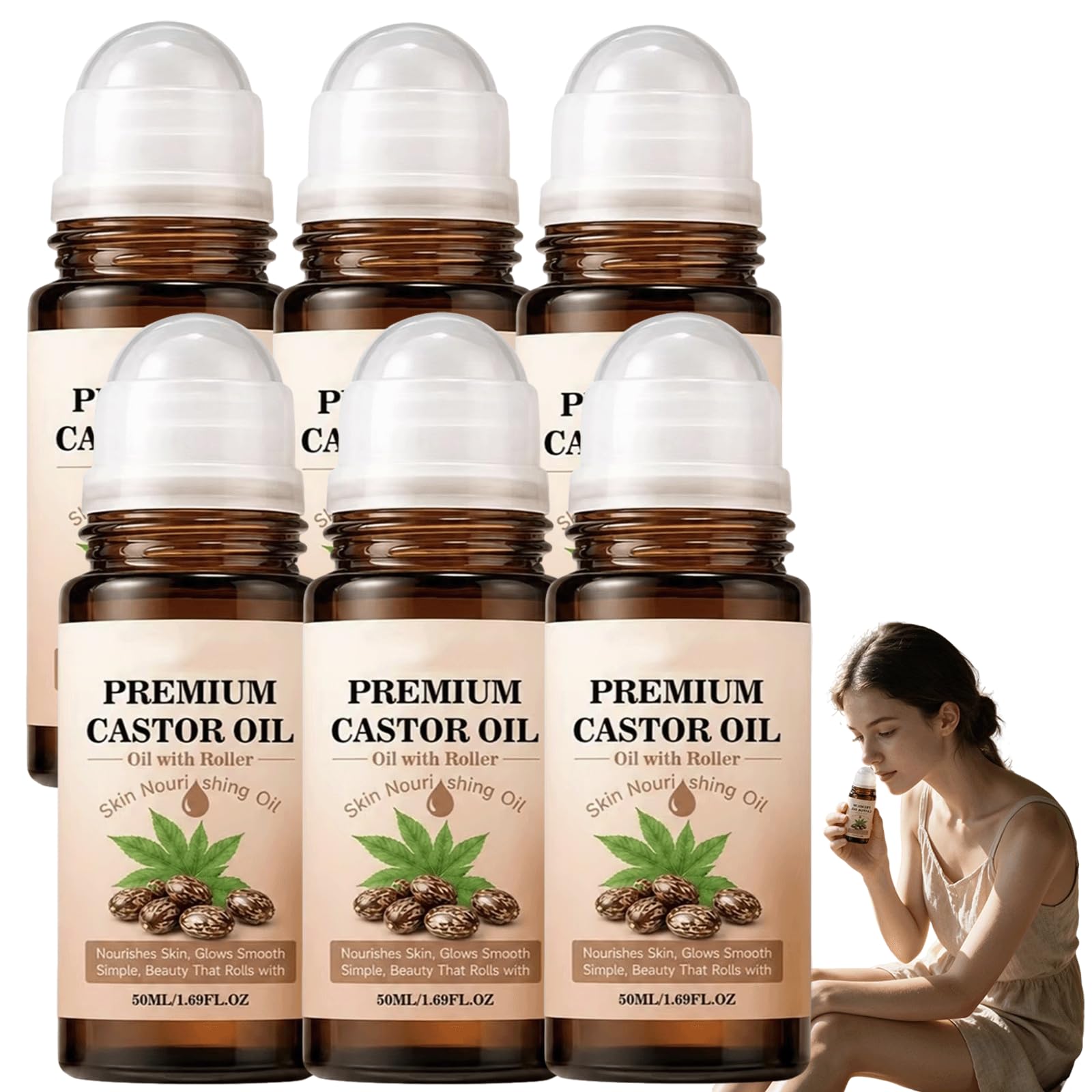 Organic Castor Firming Oil Rose Quartz Roller Ball - nawilżające serum pod oczy i skórki, tłoczony na zimno, wolny od heksanu olej rycynowy przeciwzmarszczkowy do skóry krepowanej (6szt)
