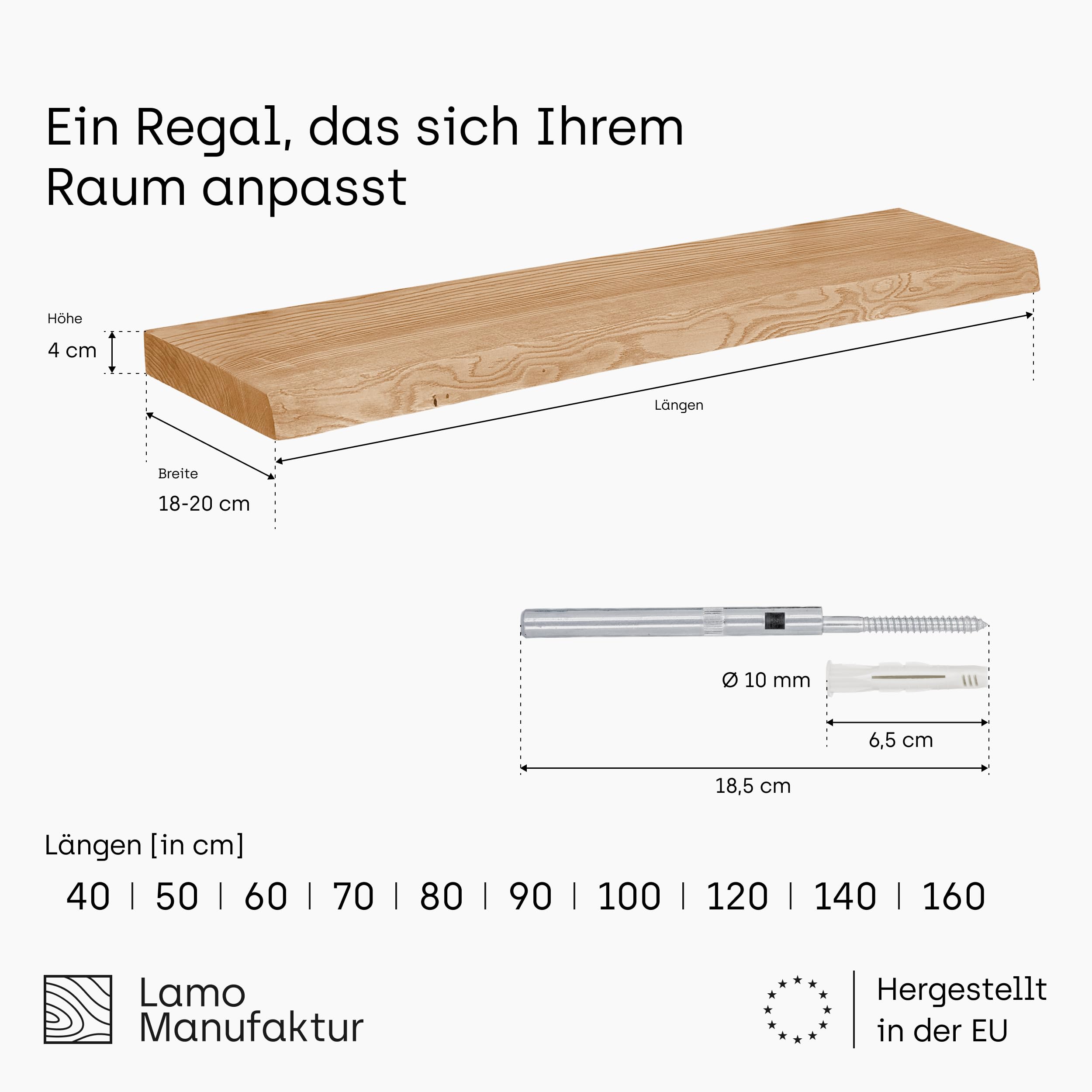 LAMO Manufaktur Schweberegal Holz mit unsichtbarer Befestigung | Wandregal 160 cm breit für Wohnzimmer, Home Office | Farbe: Rustikal, Kante: natürlich | Massivholz, modernes Design, Schwebende Optik