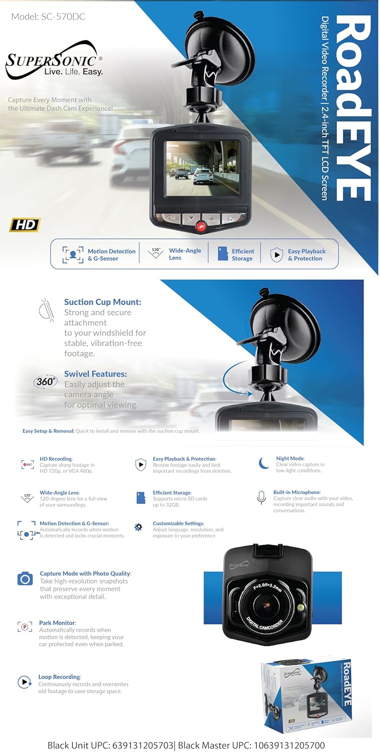 Infographic detailing features of the Supersonic RoadEYE Dash Cam including HD recording, wide-angle lens, G-Sensor, motion detection, and suction cup mount