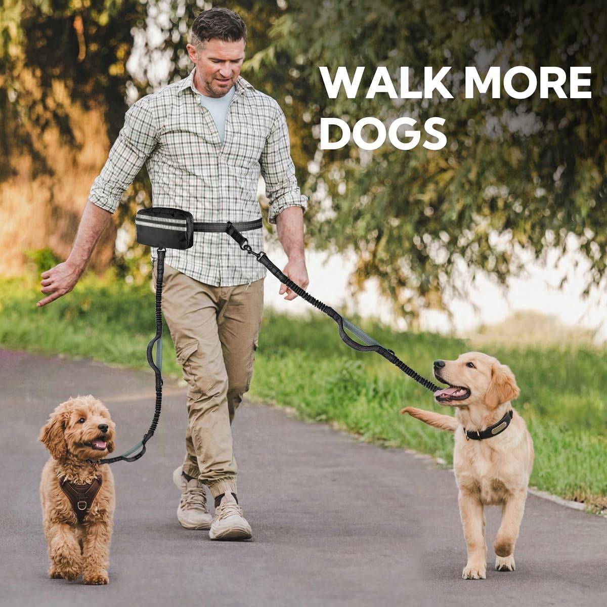 Hands Free Dog Leash with Pouch, Double Leash for Two Dogs, Retractable Bungee with Double Padded Handles, Waist for Dog Walking, Running for Dogs, Dog Walking Accessories: Grey-Green Midum Size Medium 2 Leashes