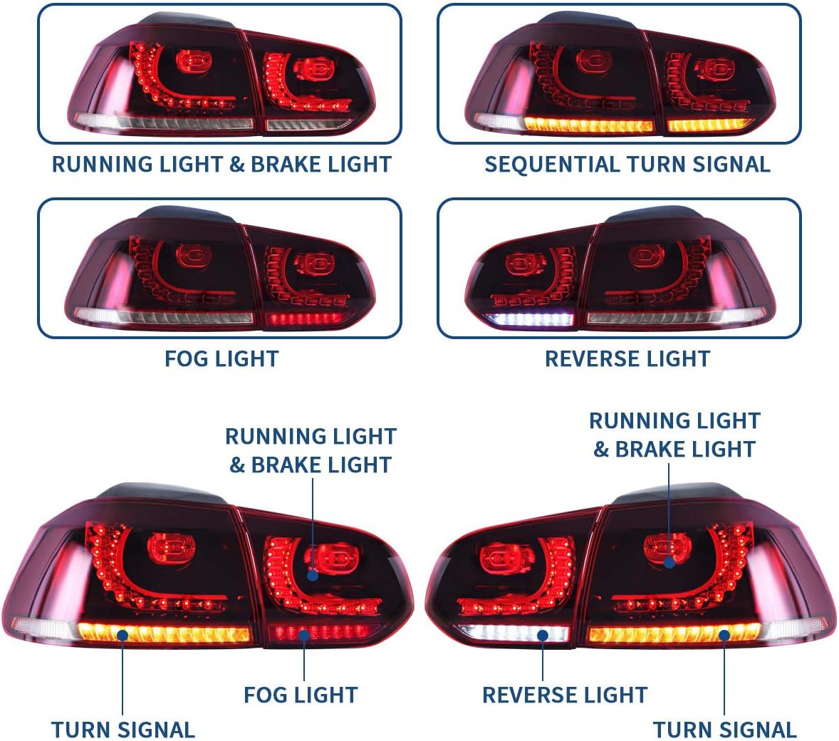 VLAND LED Tail Lights For 2010-2014 Golf 6 MK6 GTI & 2012 2013 Golf R, LED Rear Lamp Assembly with Sequential Turn Signal, Red & Smoked lens, Not For Convertible