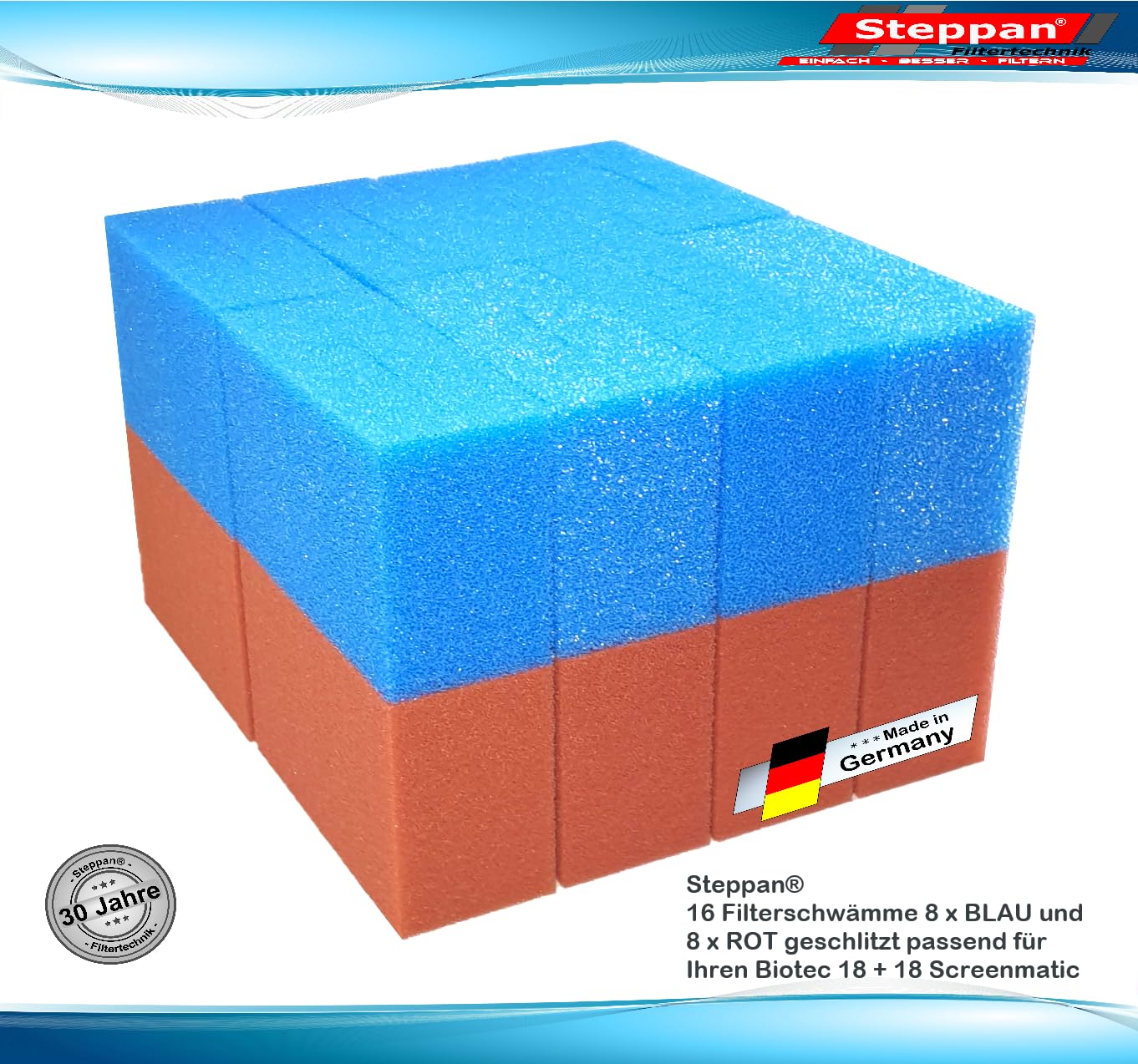 16 Filterschwämme 8 x BLAU und 8 x ROT geschlitzt für Biotec 18 und 18 Screenmatic 21,5 x 15,5 x 9 cm BLAU Grob = PPI 10 ROT Fein = PPI 30