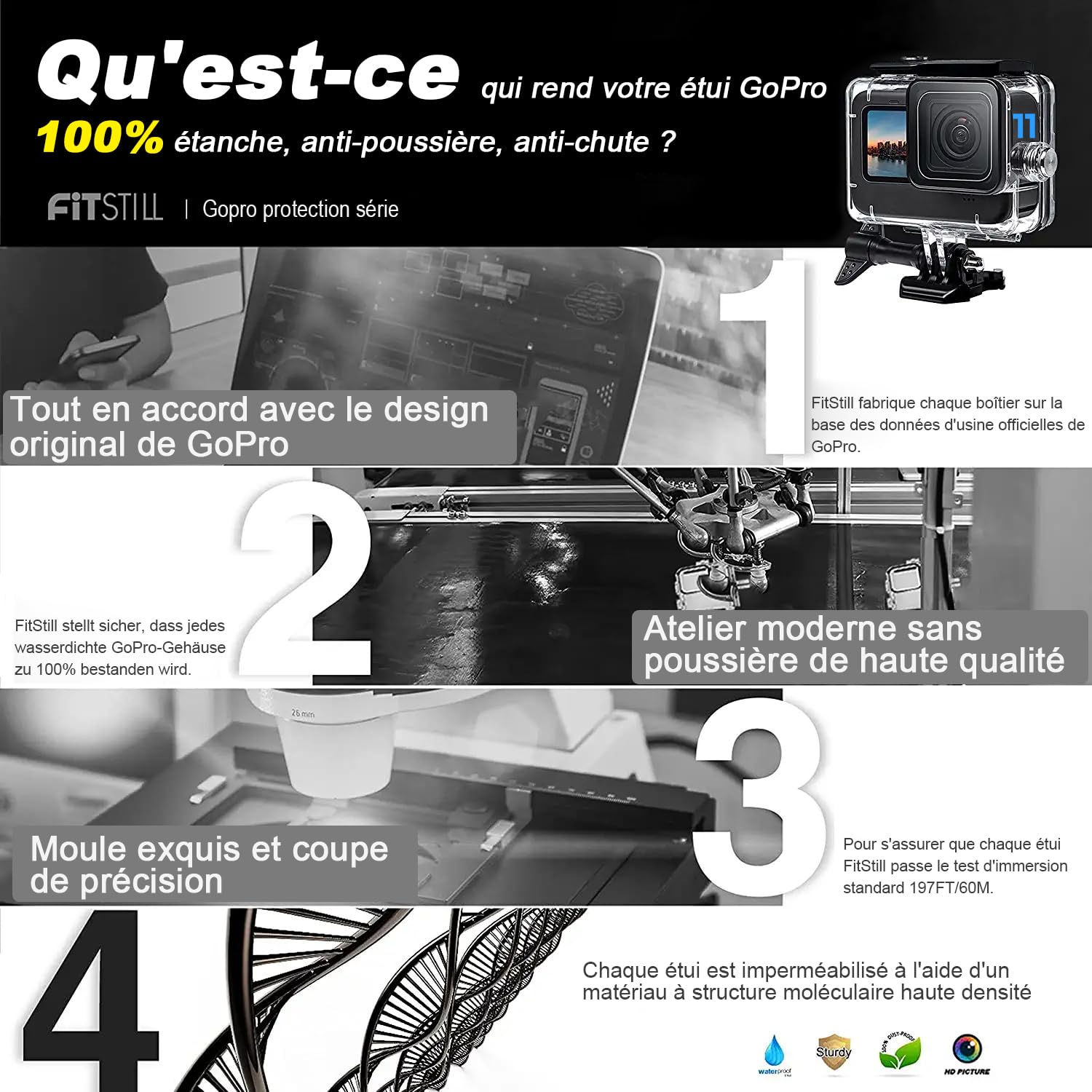 FitStill 60M/196FT Boîtier étanche pour Go Pro Hero 13/Hero 12/Hero 11/Hero 10/Hero 9 Black, boîtier de plongée sous-Marine pour caméra d'action avec Accessoires de Montage pour Go Pro 13/12/11/10/9