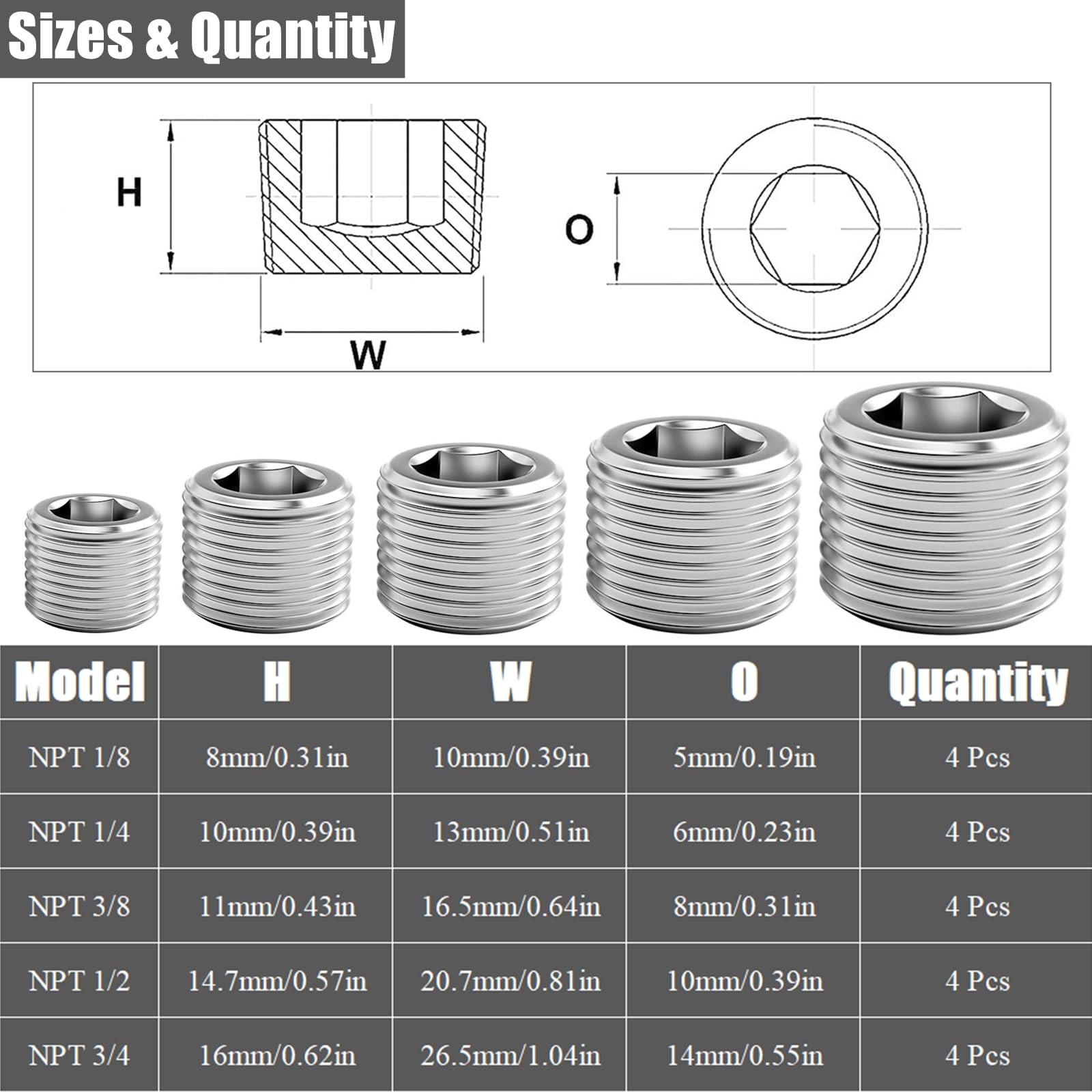 Kit surtido de 20 piezas de conectores de tubería de acero inoxidable, 5 tamaños de rosca hexagonal macho NPT de 1/20.3 cm 1/10.2 cm 3/20.3 cm 1/5.1 cm 3/10.2 cm NPT rosca hexagonal interna
