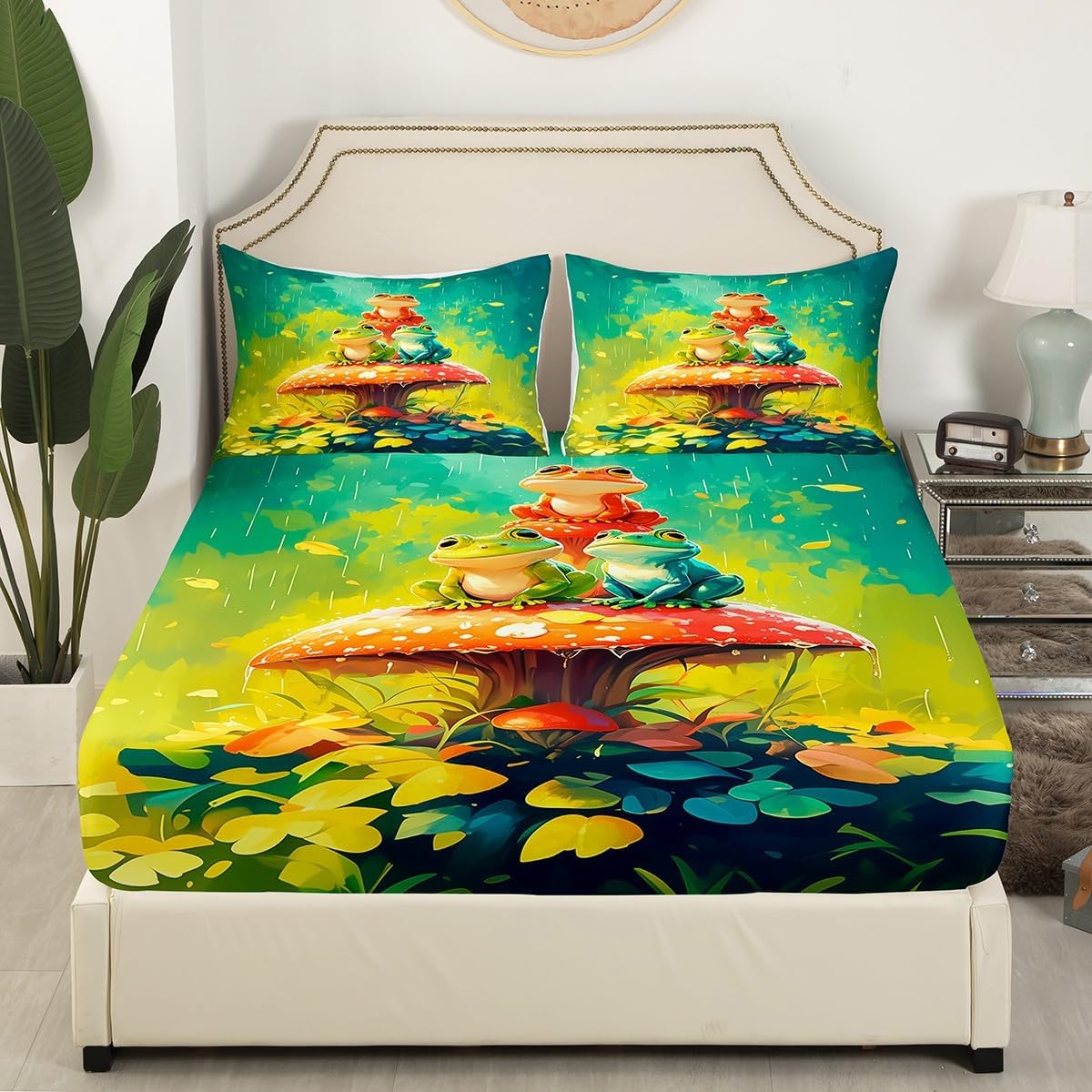 St. Patrick's Day Fitted Sheet Queen Size Green Hat Bedding Set Green Leaf Sheet Set,Rainbow Bed Cover Ultra Soft Breathable Bedding 3 Pcs for Kids Teens Boys