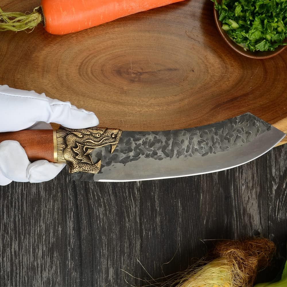 Meat Cleaver, 7.5 Inch Forged Outdoor Knife Kitchen Knives German 7cr17 Carbon Steel Leather Sheath Hunting Survival Camping Meat Slicer