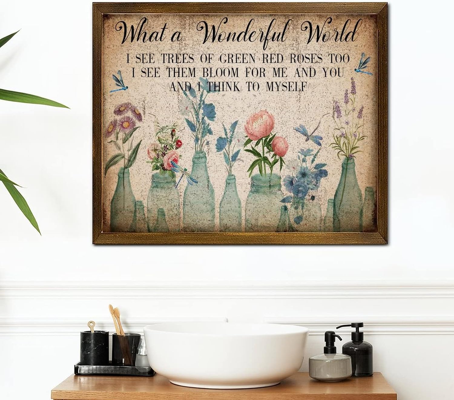What A Wonderful World Framed Wood Sign Vintage Dragonfly Tulip Rose Flower Vase Porch Sign Farmhouse Hello Spring Flower Woodshop Garage Wall Decor for Home Kitchen Living Room Table 16x20 Inch