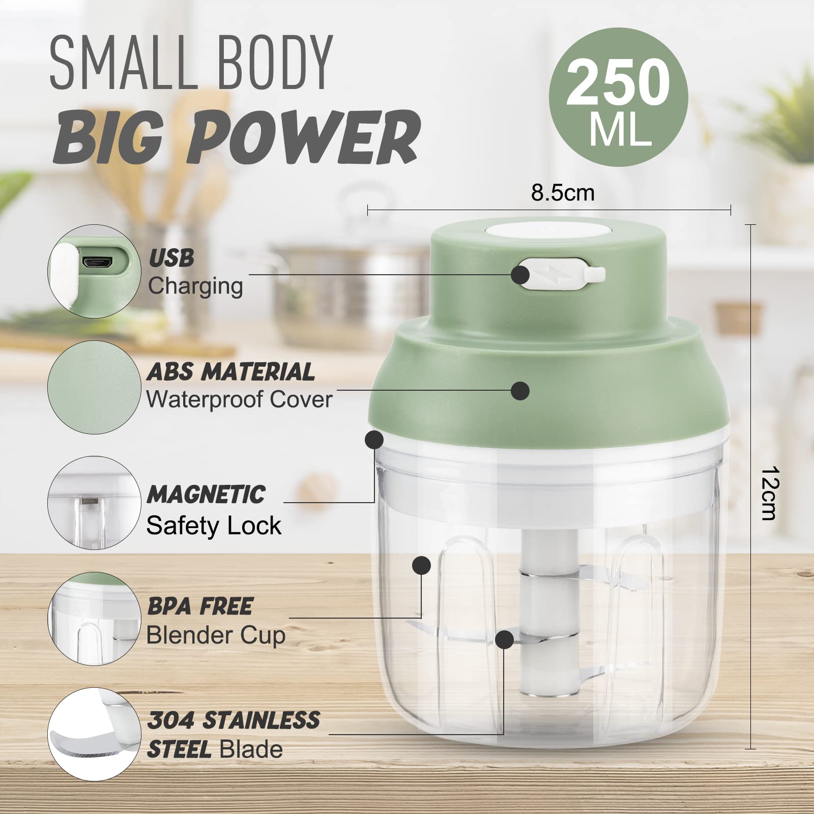 Hachoir à Ail électrique SUNJULY - 250 Ml, Rechargeable USB, Pour Légumes, Viande, Gingembre, Piment