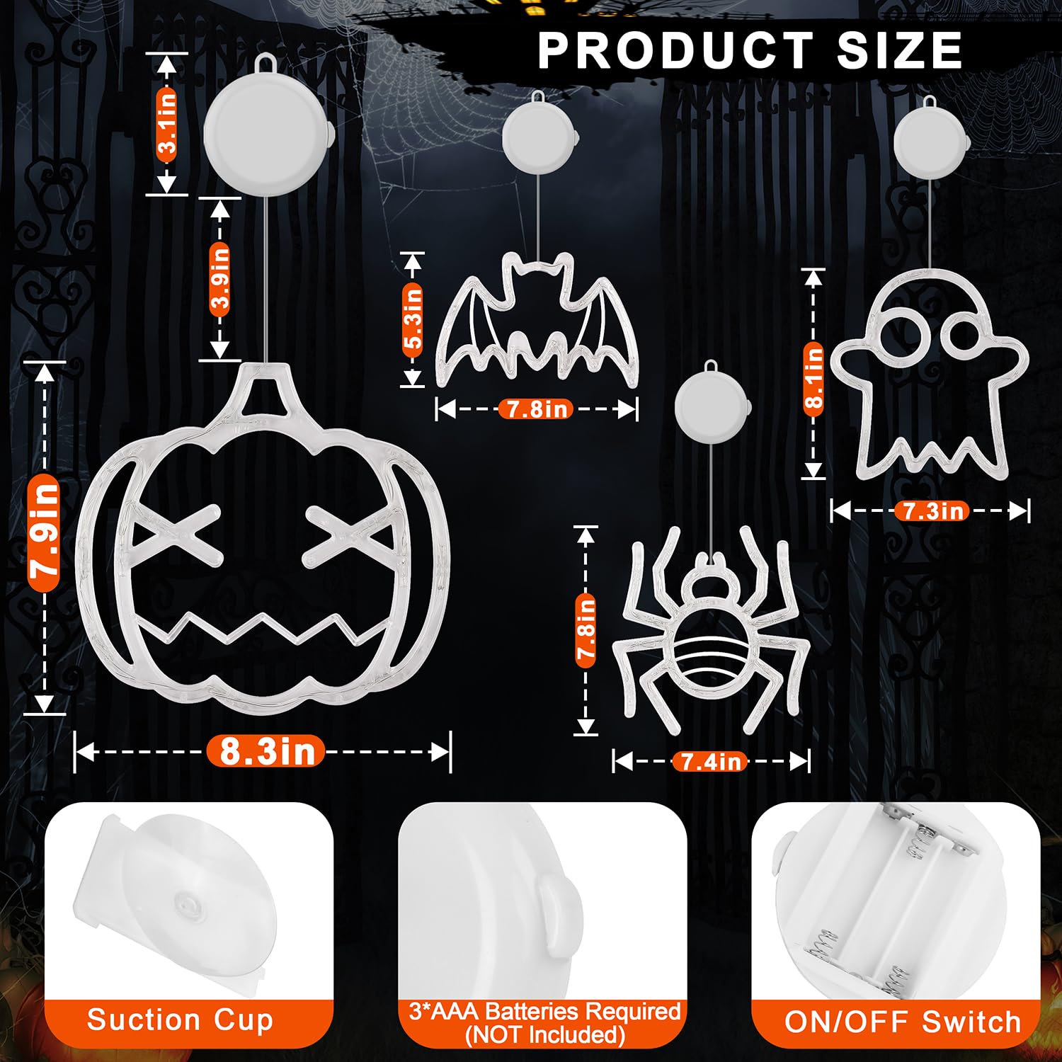 Halloween Decorations 4 Pack Orange Pumpkin Green Spider White Ghost Purple Bat Halloween Window Lights with Suction Cup, Halloween Lights Indoor, Can Be Used for Halloween Decorations Indoor