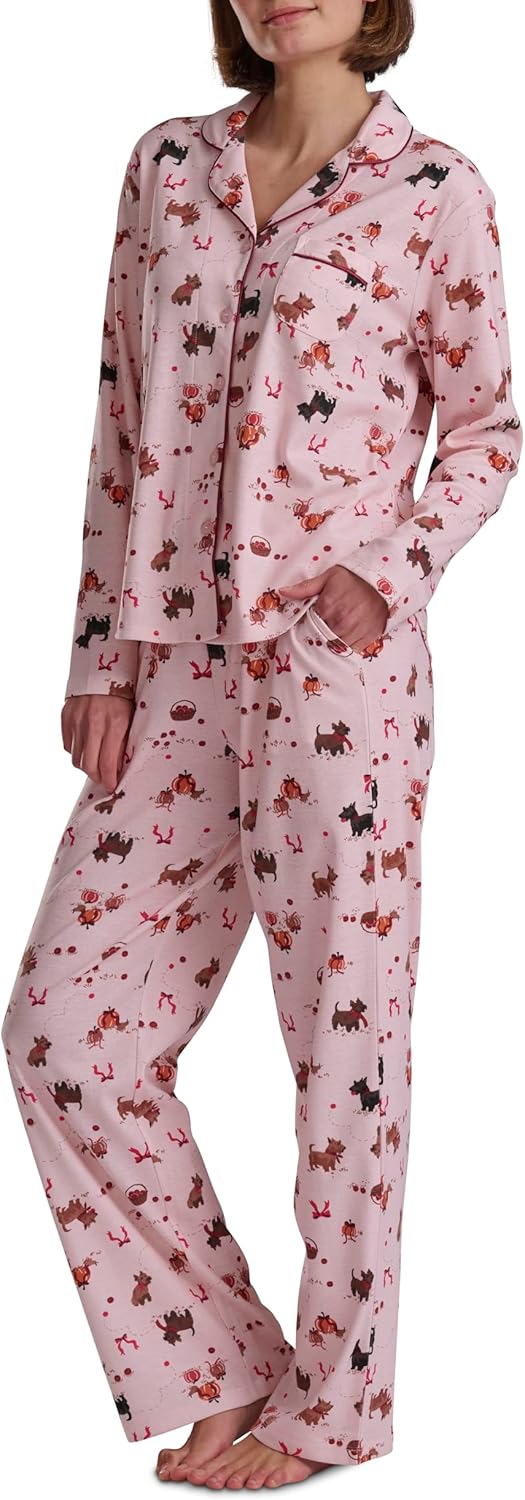 Karen Neuburger womens [Petite] Girlfriend Long Sleeve Notch Collar Button Up Top and Pant Bottom 2-piece Pajama Set - Image 2