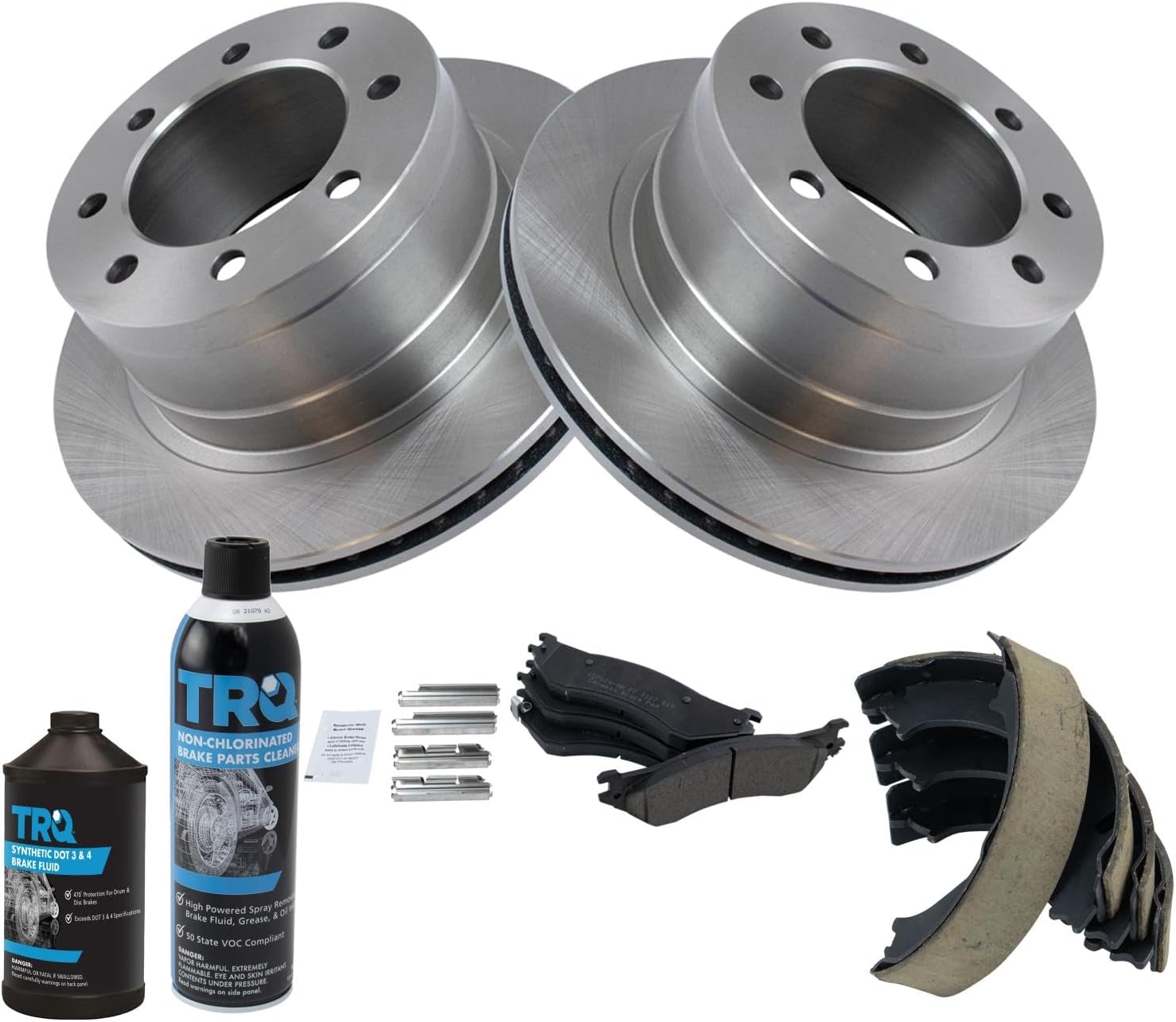 TRQ Rear Brake Pad & Rotor Kit Brake Chemical Kit Brake Pads Brake Rotor Parking Brake Shoe Set Ceramic Compatible with 2003-2005 Dodge Ram 2500 Ram 3500