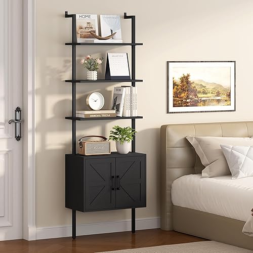 Miniatura 7 de Yusong Estantería de 73 pulgadas de alto con gabinete, estante de montaje en pared con escalera industrial, estantería de granja con marco de madera