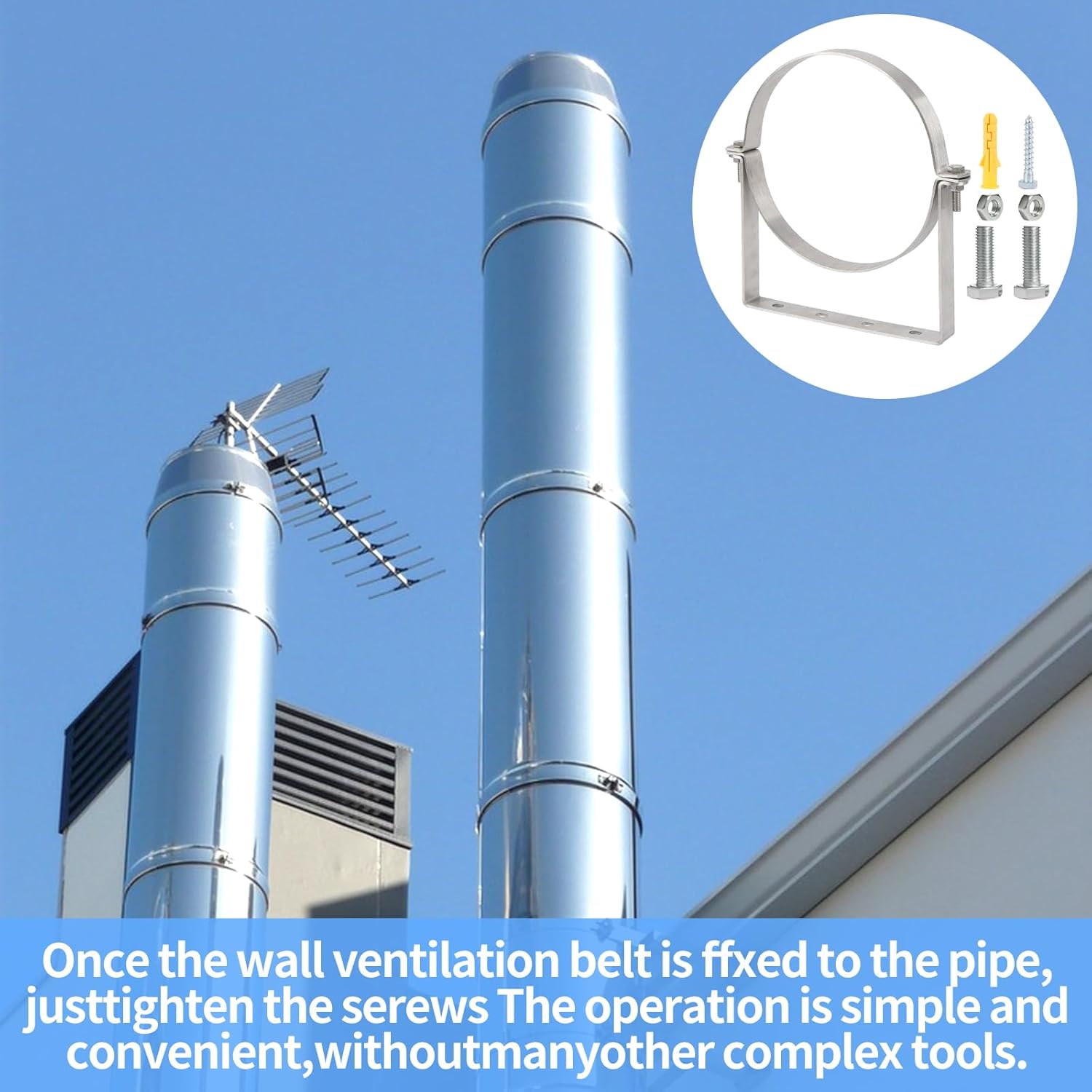 Stainless Steel B Vent Wall Strap，Chimney Pipe Support Bracket，Chimney Pipe Bracket，Rigid Split Ring Hanger，Wall Support，for 8" (10" O.D.) Double Wall Insulated Chimney Pipe, All 304 Stainless Steel