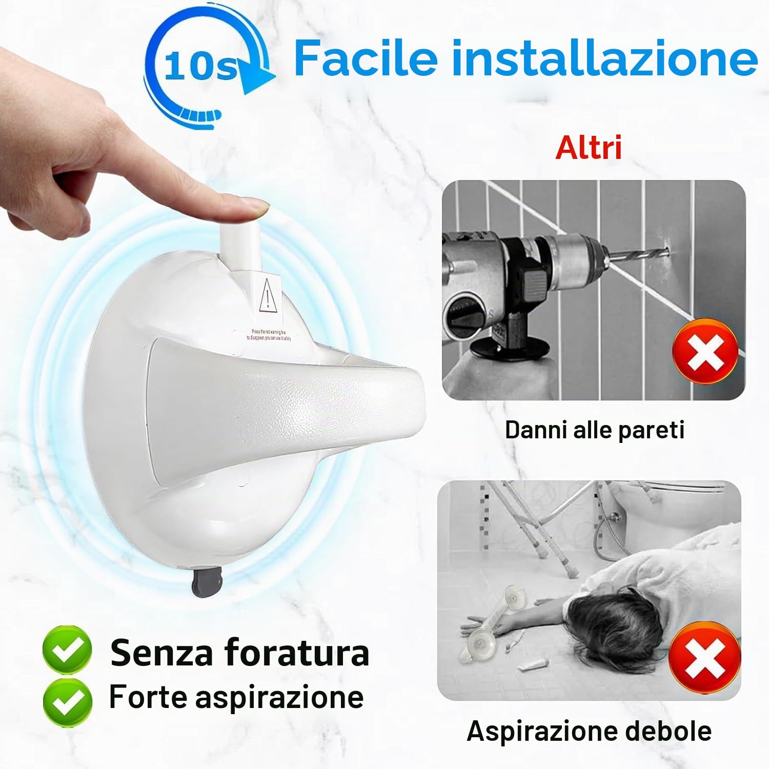 Maniglioni per doccia senza foratura - Set da 2 - Ventosa extra forte 190 kg - Linea di sicurezza rossa - Per anziani e disabili - Solo superficie liscia