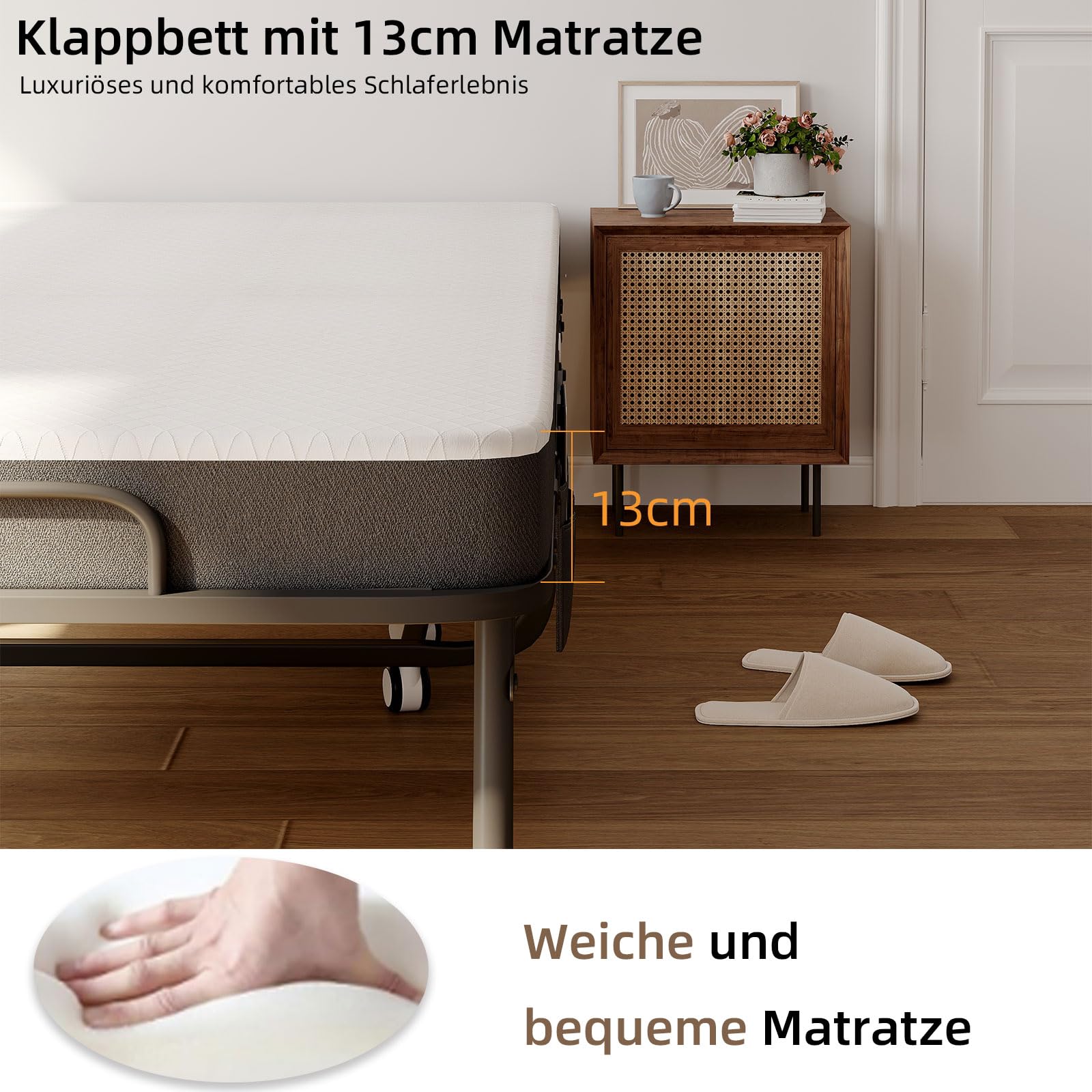 CAIYUN Lit Pliant 1 Personne 80 x 190 cm Lit Pliable Adulte avec Matelas en Mousse de 13 cm, Lit d'Appoint Pliable à 4 roulettes et Sommier à Lattes en Métal pour Invités, Charge 200 kg, Noir