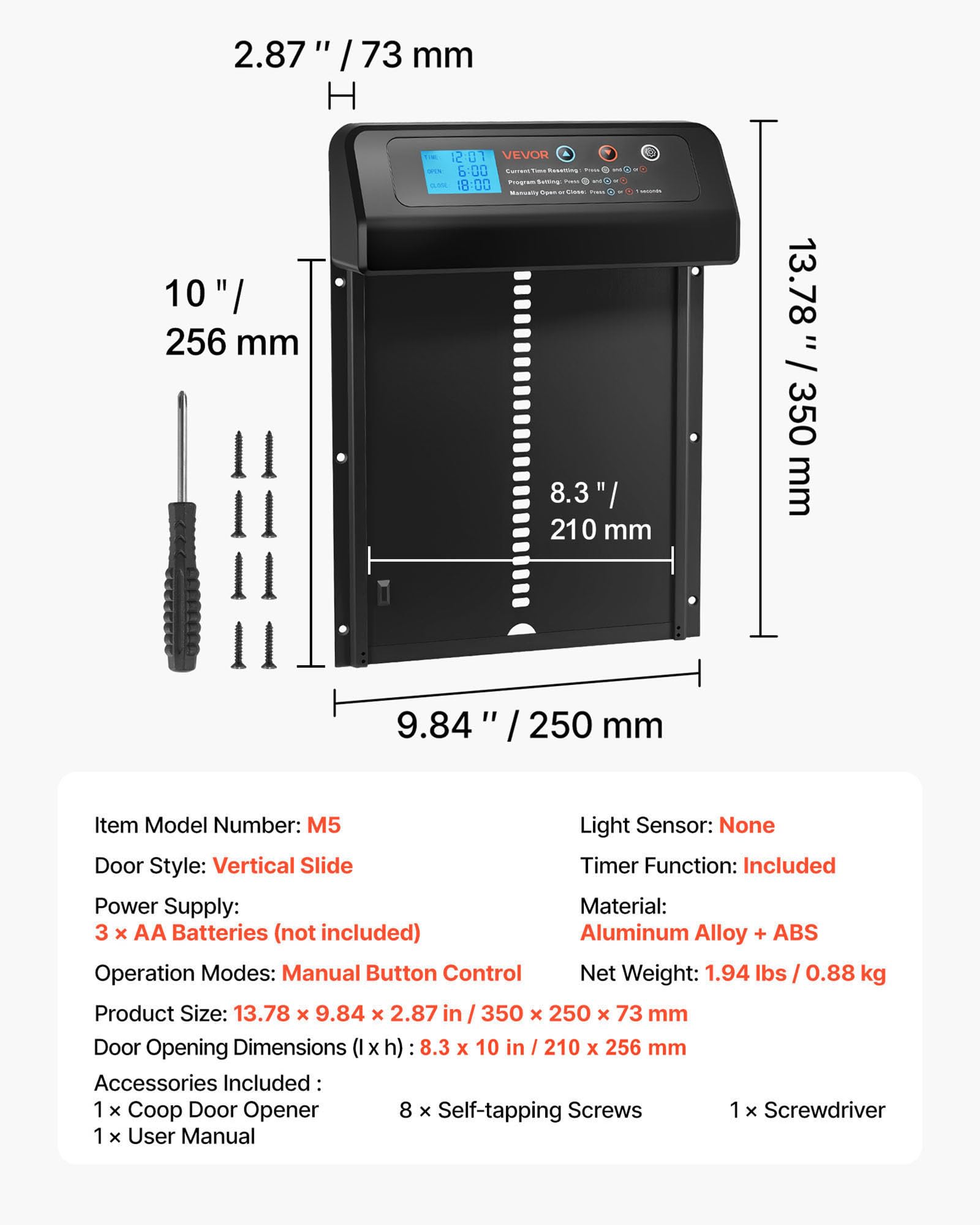 VEVOR Porte Poulailler Automatique, Alimentation par Piles, 2 Modes avec Minuterie et Réglage Manuel, Système Anti-pincement, Alliage d'Aluminium, Ouvre-Porte Poulailler Automatique et Étanche, Noir