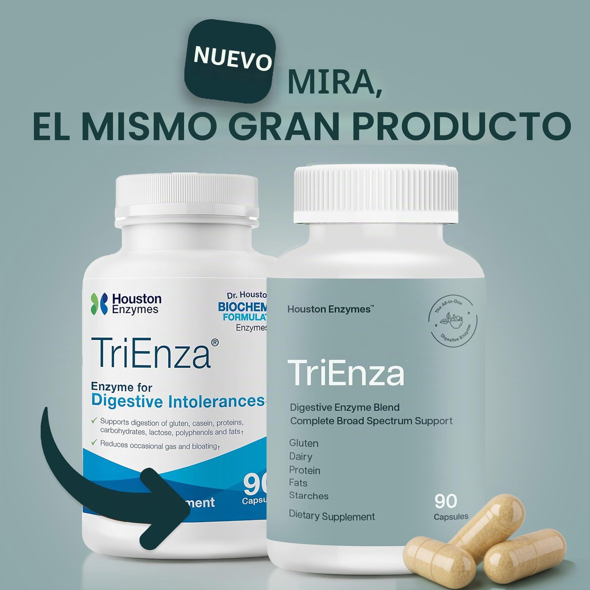 Houston Enzymes TriEnza - Suplemento enzimático digestivo para gluten, caseína, soja, proteínas, carbohidratos, grasas y polifenoles - Enzimas digestivas para mujeres y hombres (60 cápsulas)