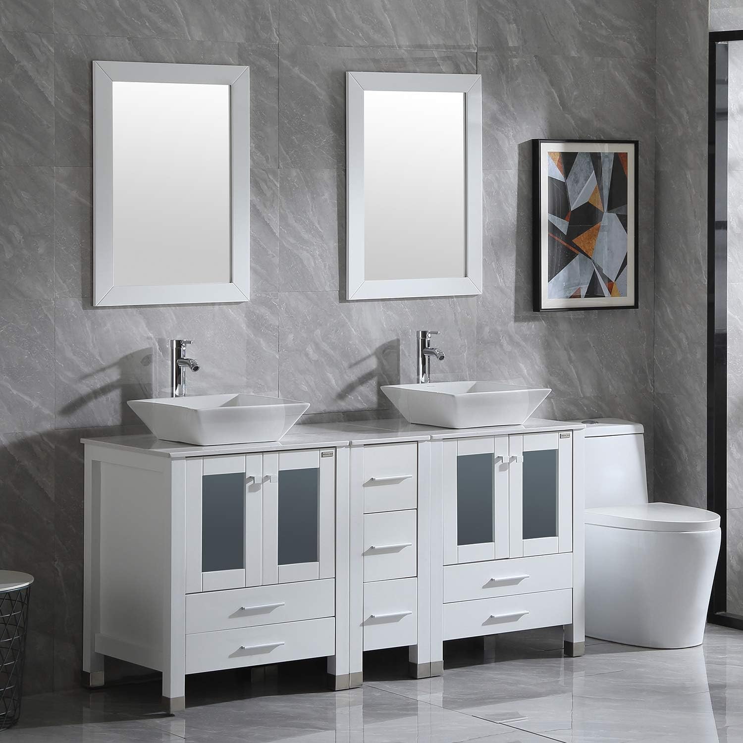 wonline 60 inch Double Sink Bathroom Vanity with open doors and drawers, revealing storage space.