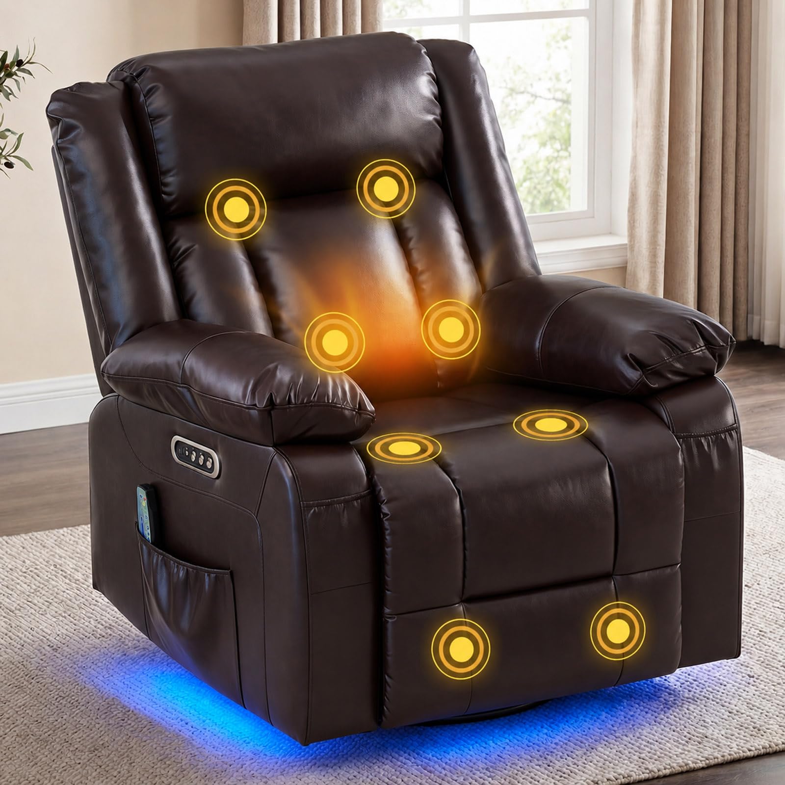 ZRNINR Relaxsessel mit Massagefunktion, Fernsehsessel Elektrisch Verstellbar, 240°Drehbarer Relaxsessel mit Liegefunktion, Schaukelsessel Wohnzimmer Kinosessel mit LED