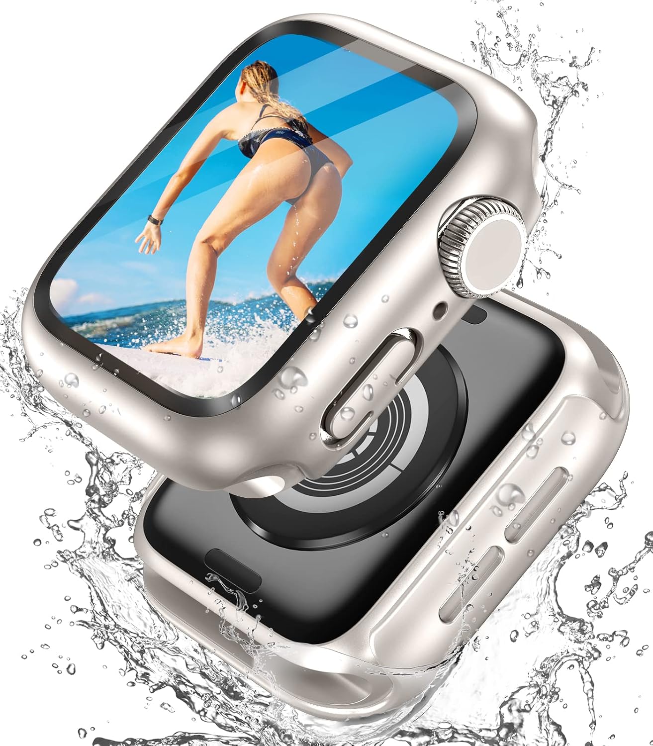 BELONGME [2 Pack] Compatible for Apple Watch Series 8 7 SE 6 5 4 Screen Protector Case 45mm 44mm 41mm 40mm, Waterproof Hard PC Full Protective Cover Bumper for iWatch Case Men Women (45mm Starlight).